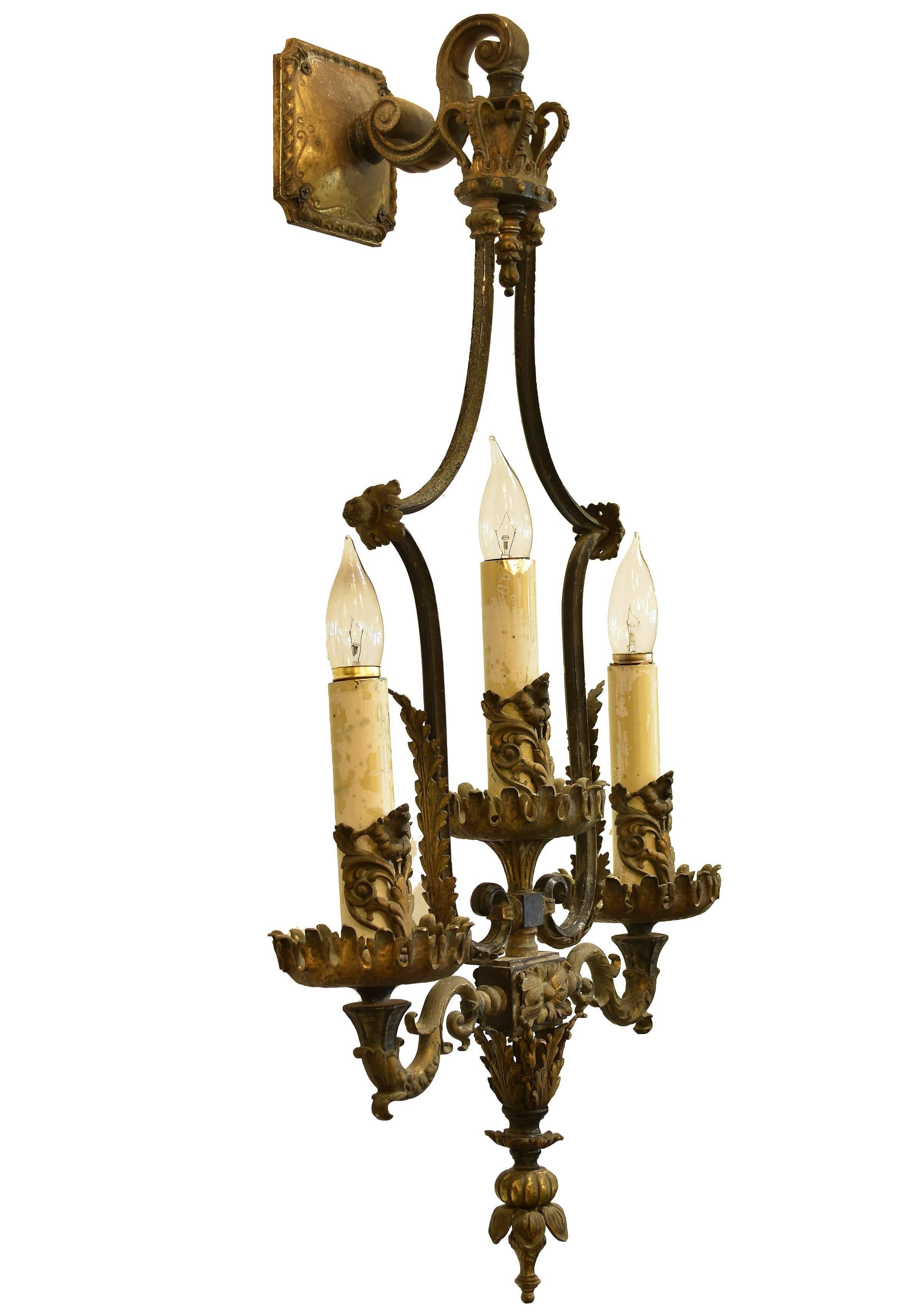 Brass and Bronze Oversized Three Candle Wall Sconce In Excellent Condition In Minneapolis, MN