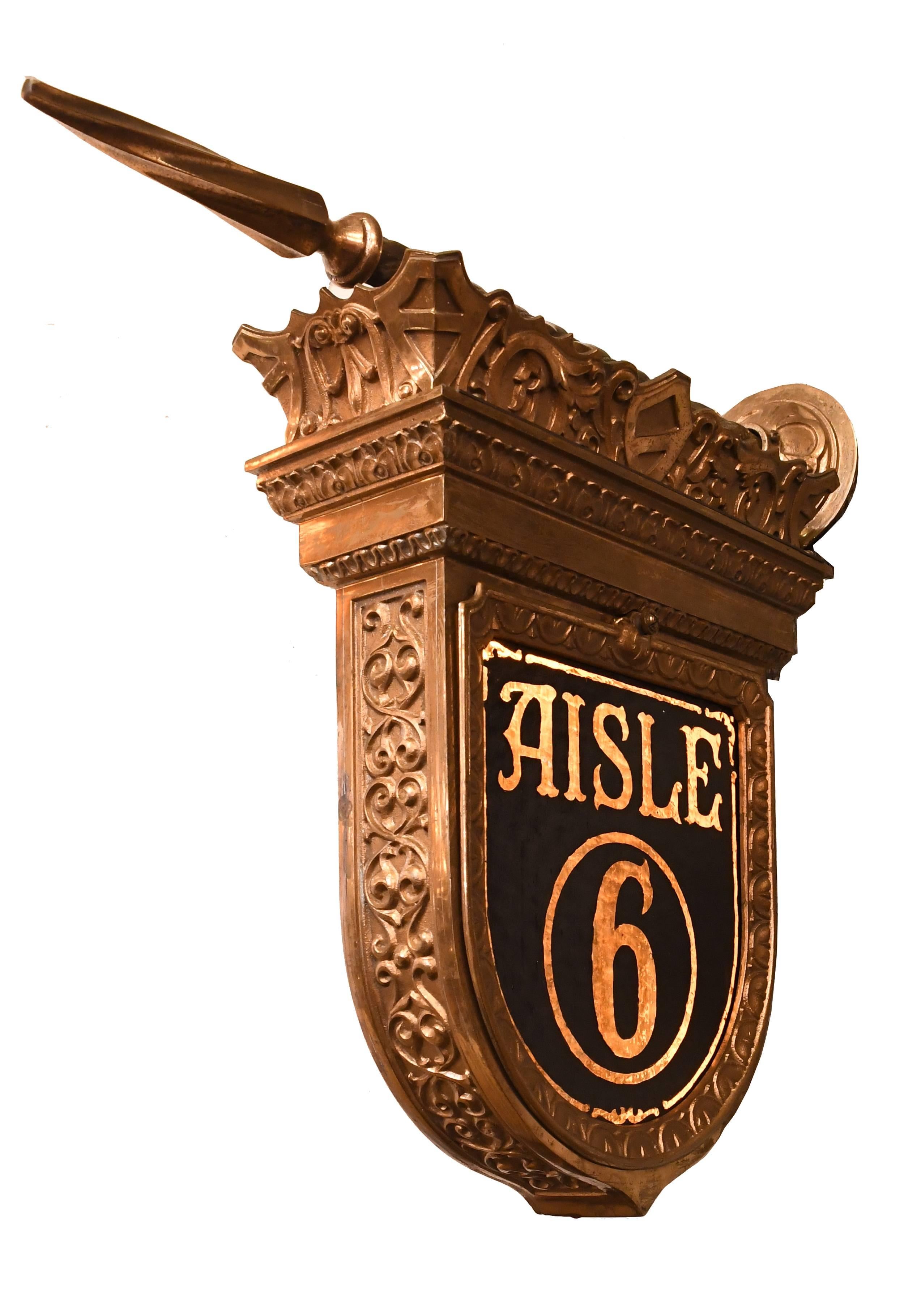 Cast Bronze Double Sided 'Aisle 6' Theatre Sign In Excellent Condition In Minneapolis, MN