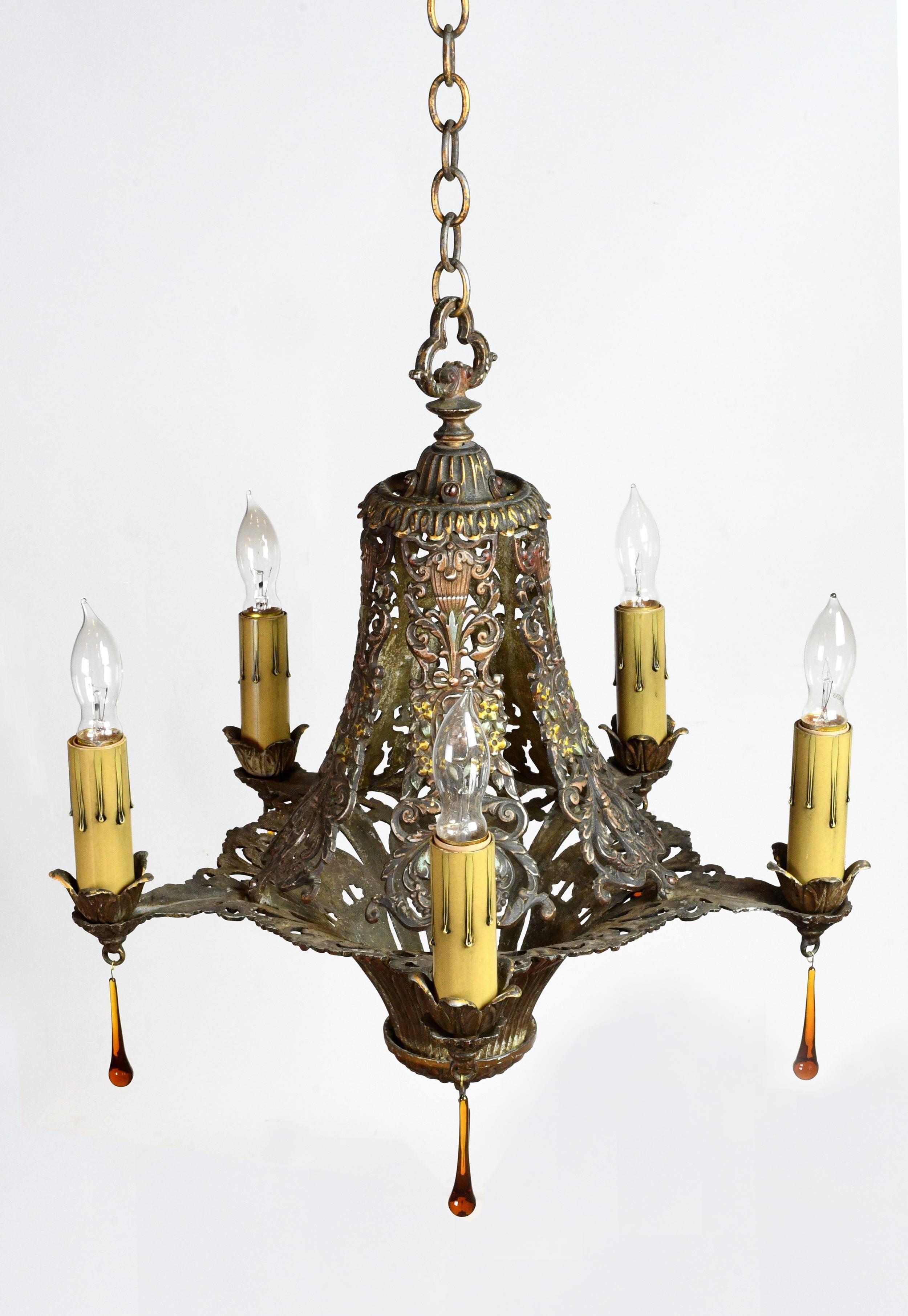 Aluminum Five Candle Polychrome Chandelier with Floral Details