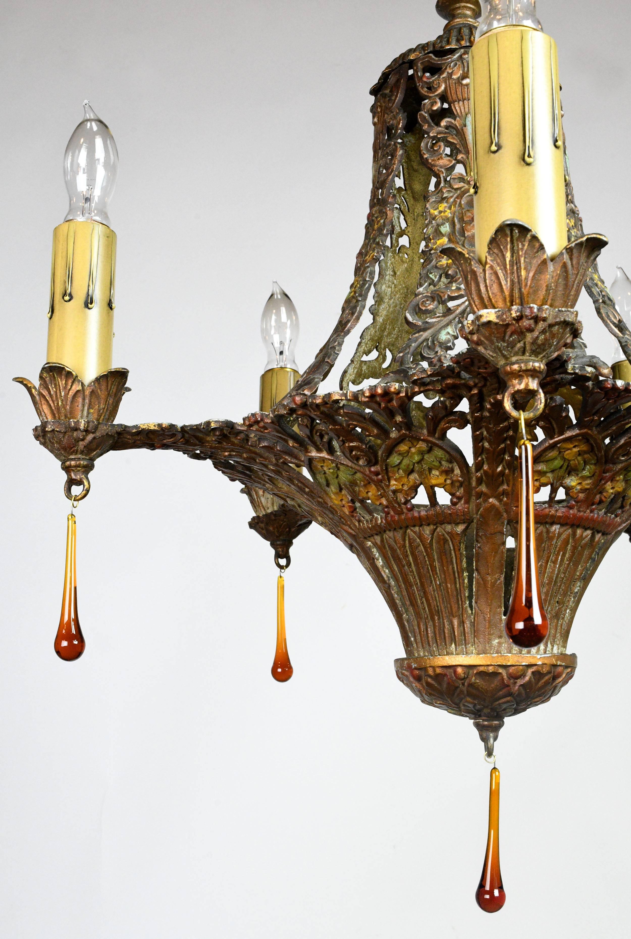 Five Candle Polychrome Chandelier with Floral Details In Excellent Condition In Minneapolis, MN