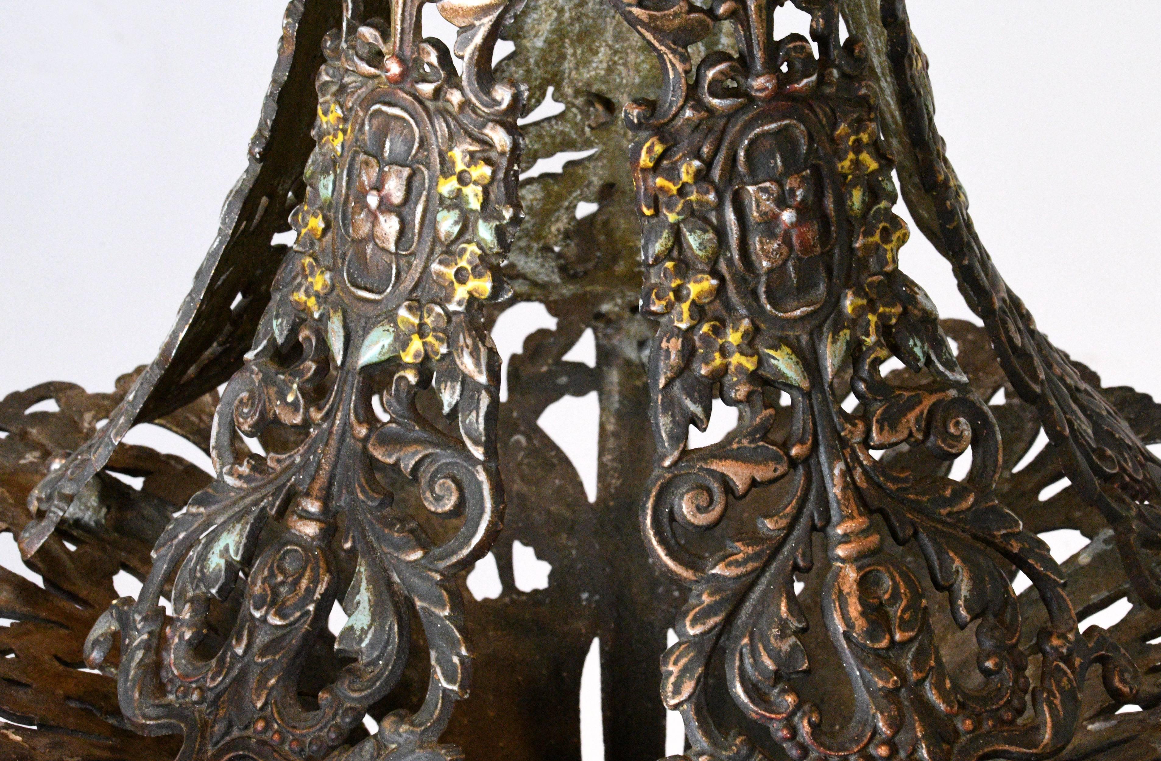Early 20th Century Five Candle Polychrome Chandelier with Floral Details