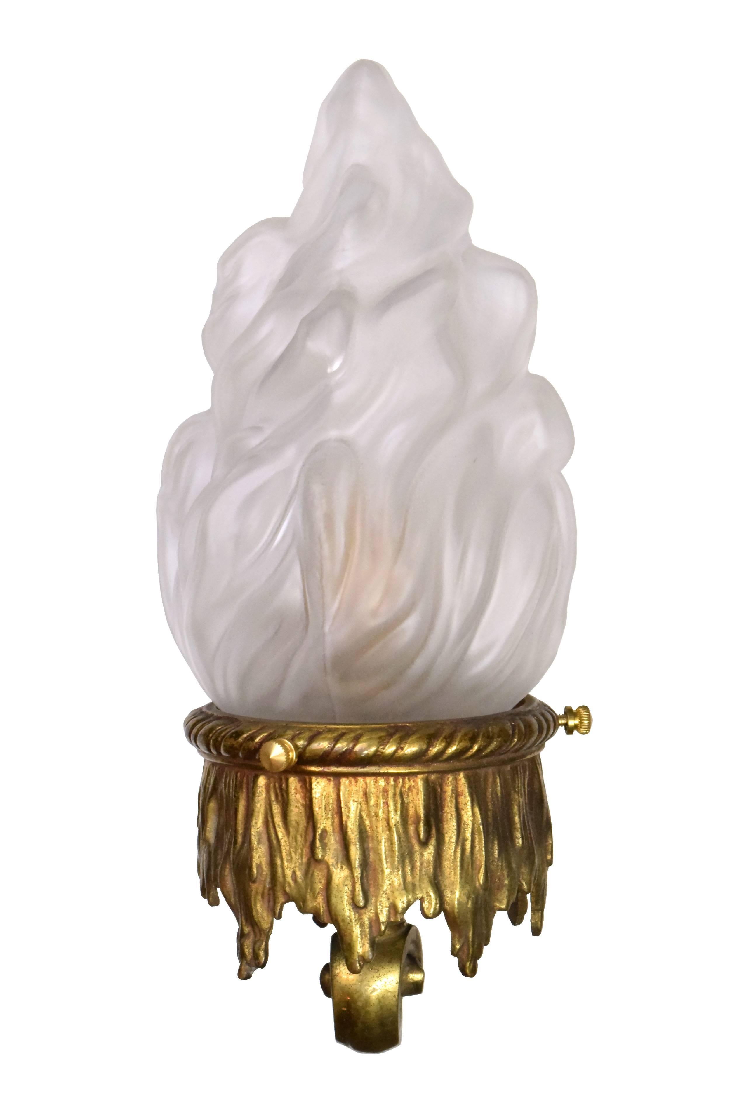 Cast Brass Beaux Arts Sconce with Flame Shade In Excellent Condition In Minneapolis, MN
