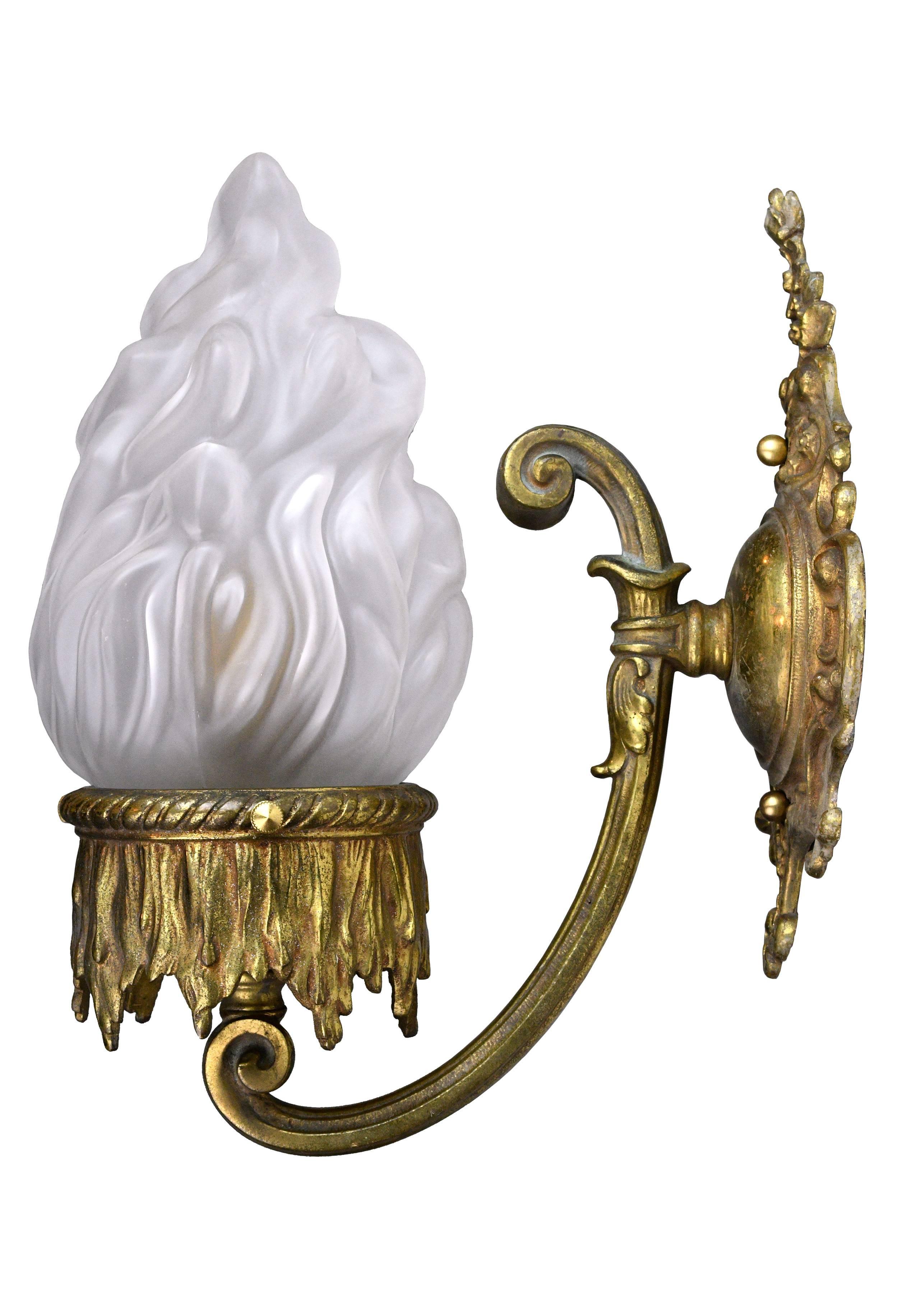 Cast Brass Beaux Arts Sconce with Flame Shade 1