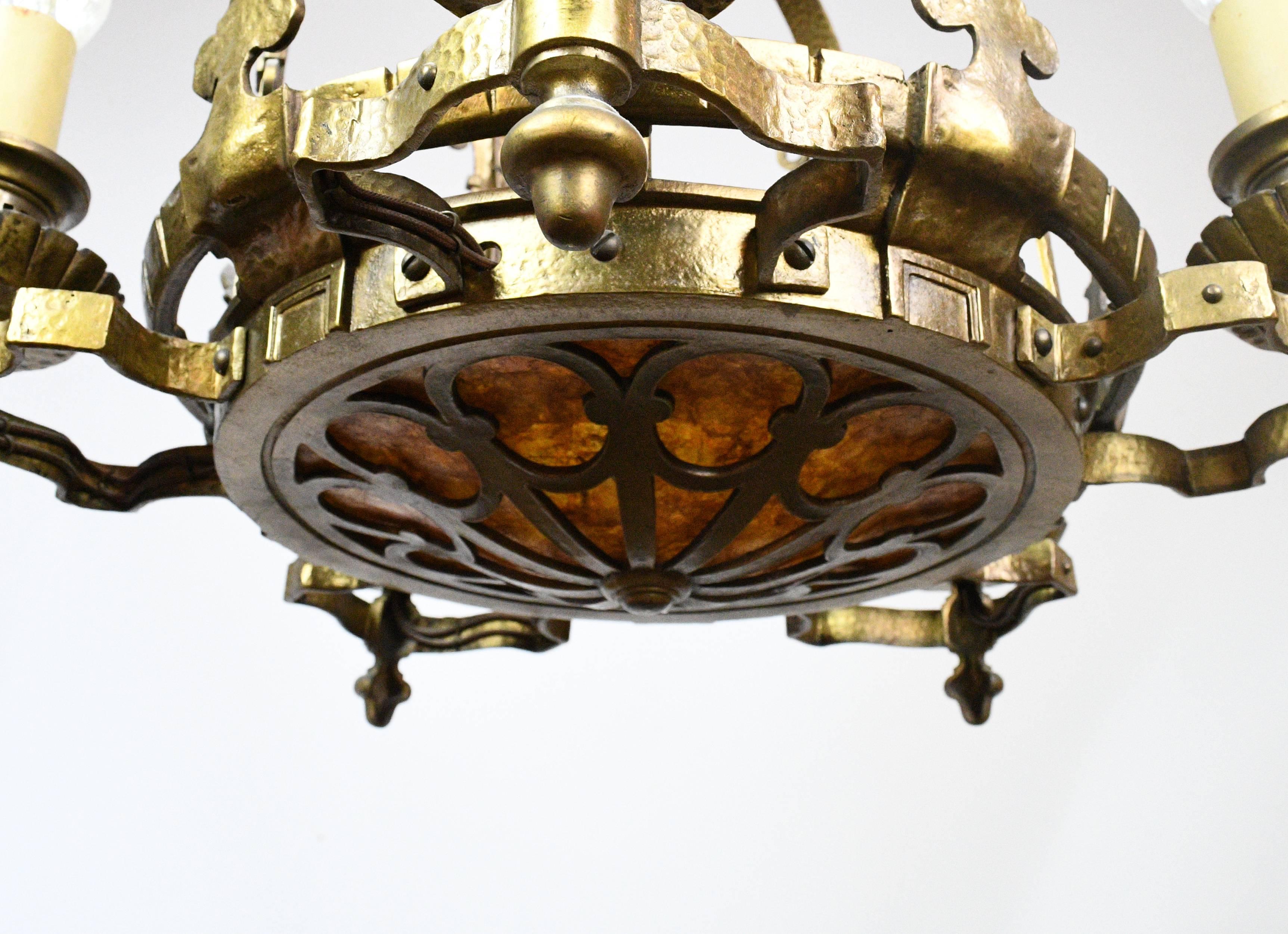 Early 20th Century Gothic Revival Five Candle Chandelier with Mica Bowl For Sale