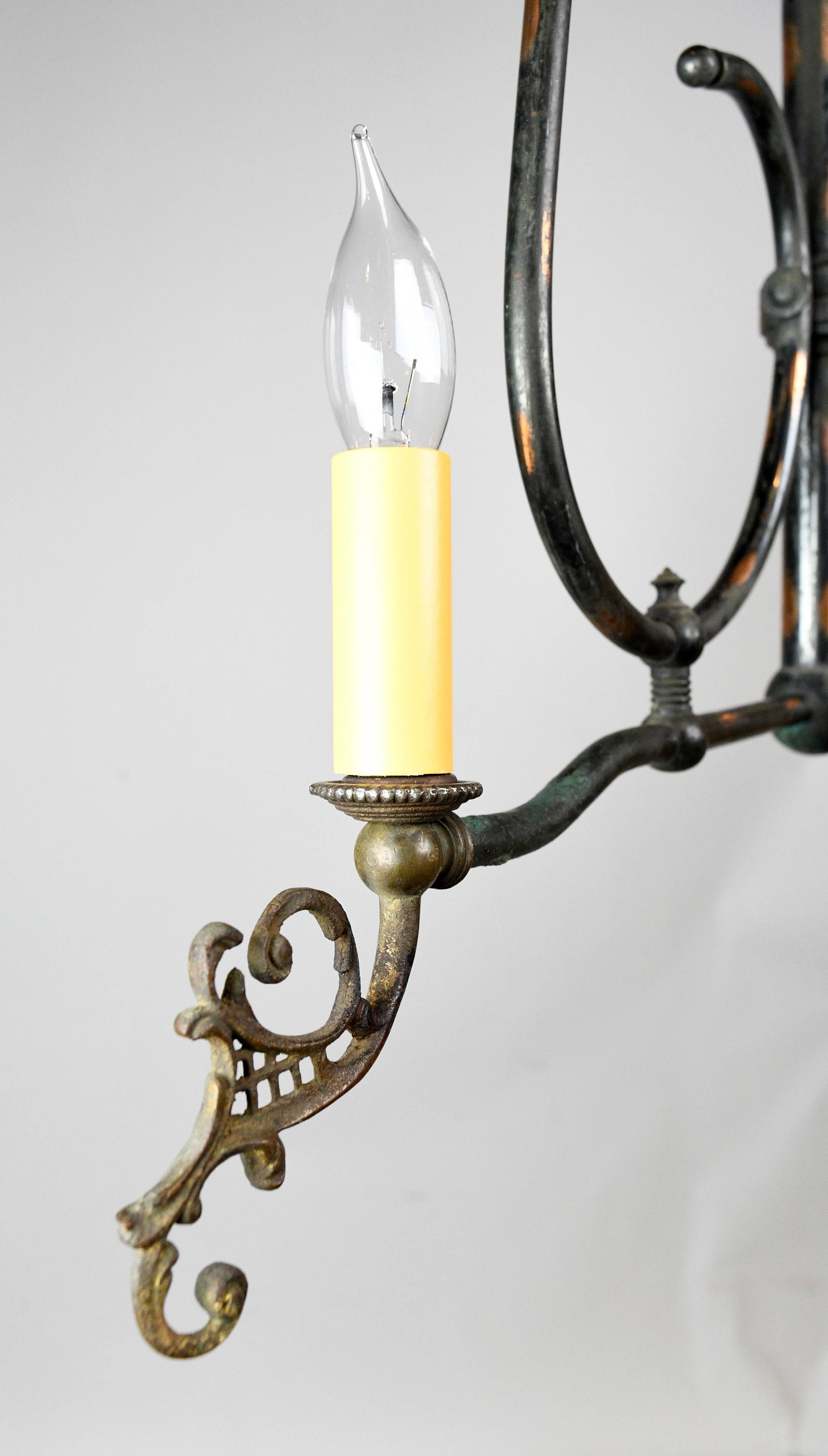 American Japanned Finish Four Candle Gas Converted Chandelier For Sale