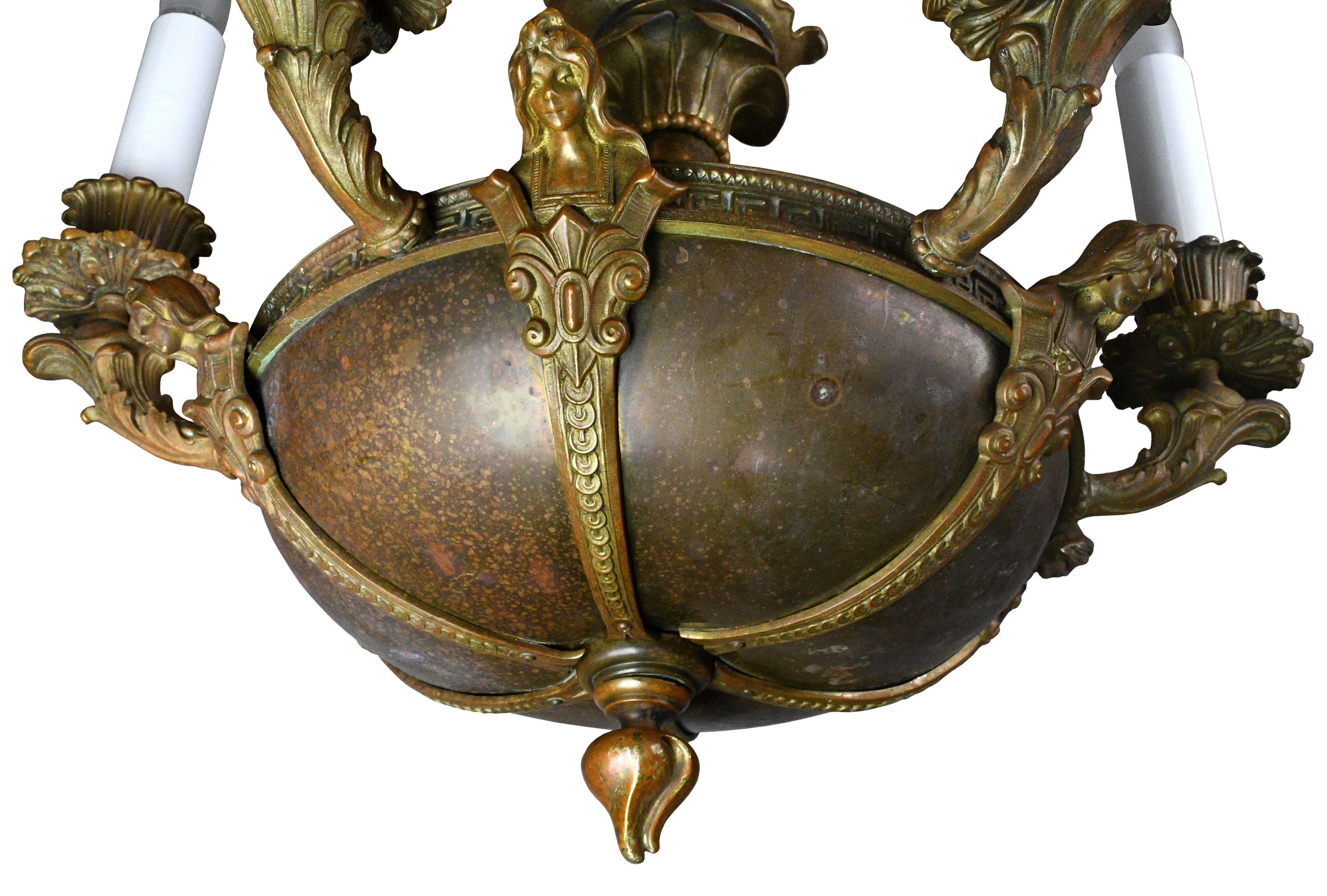 Early 20th Century Bronze Figural Six Candle Chandelier