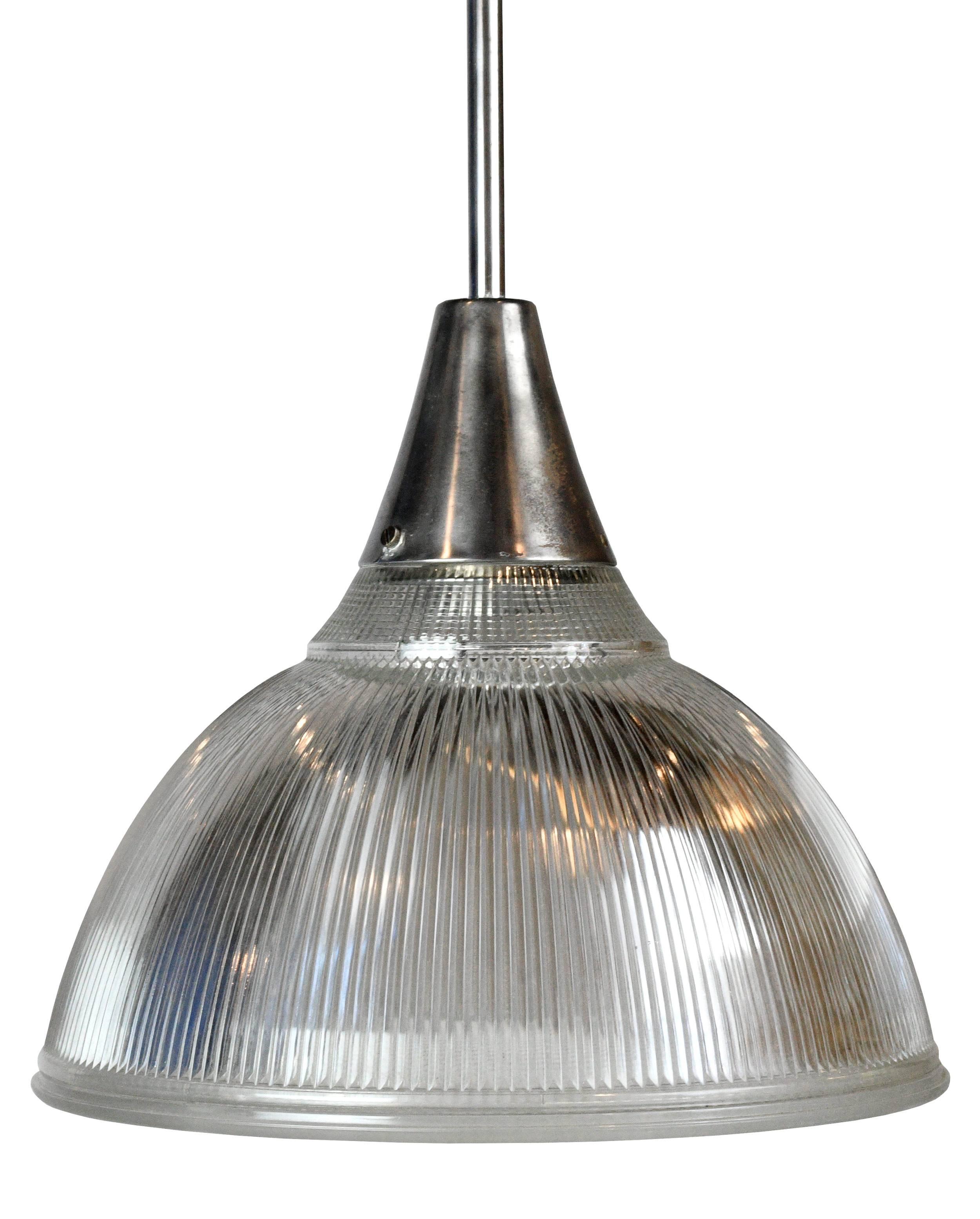 Handsome Holophane pendant with textured glass designed to diffuse light evenly throughout a space. 
We have 25 pendants available, so there are more than enough for your personal or commercial projects!

Measurements:
15.5