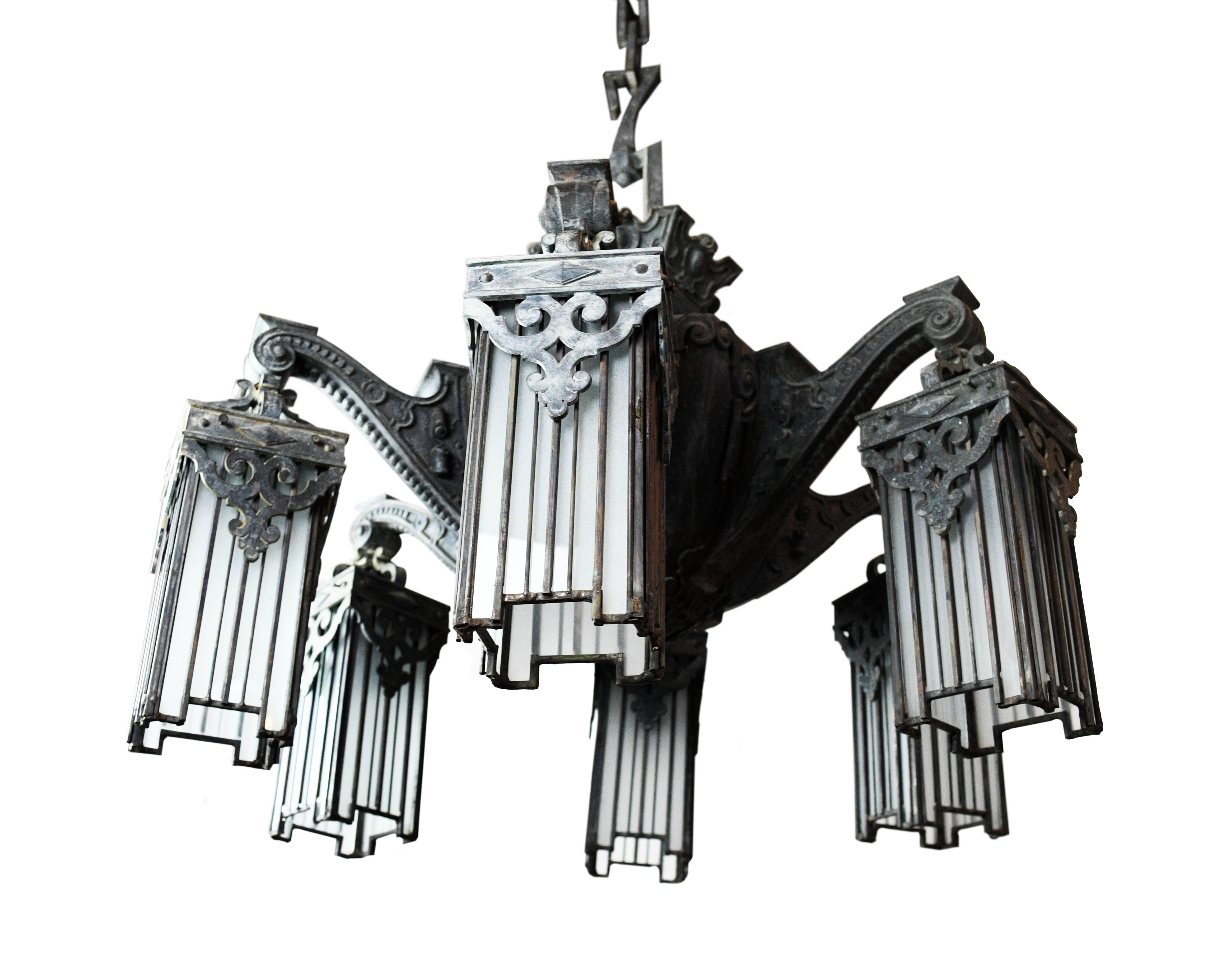 Cast Bronze Victorian Chandelier with Leaded Glass Shades 3