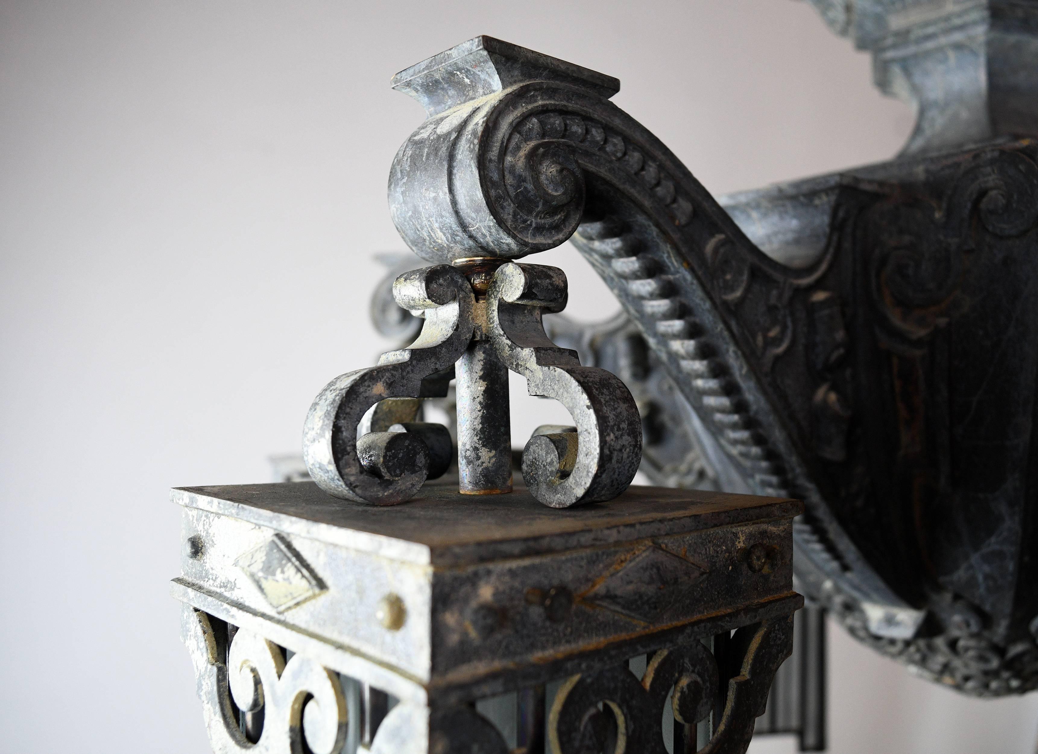 American Cast Bronze Victorian Chandelier with Leaded Glass Shades