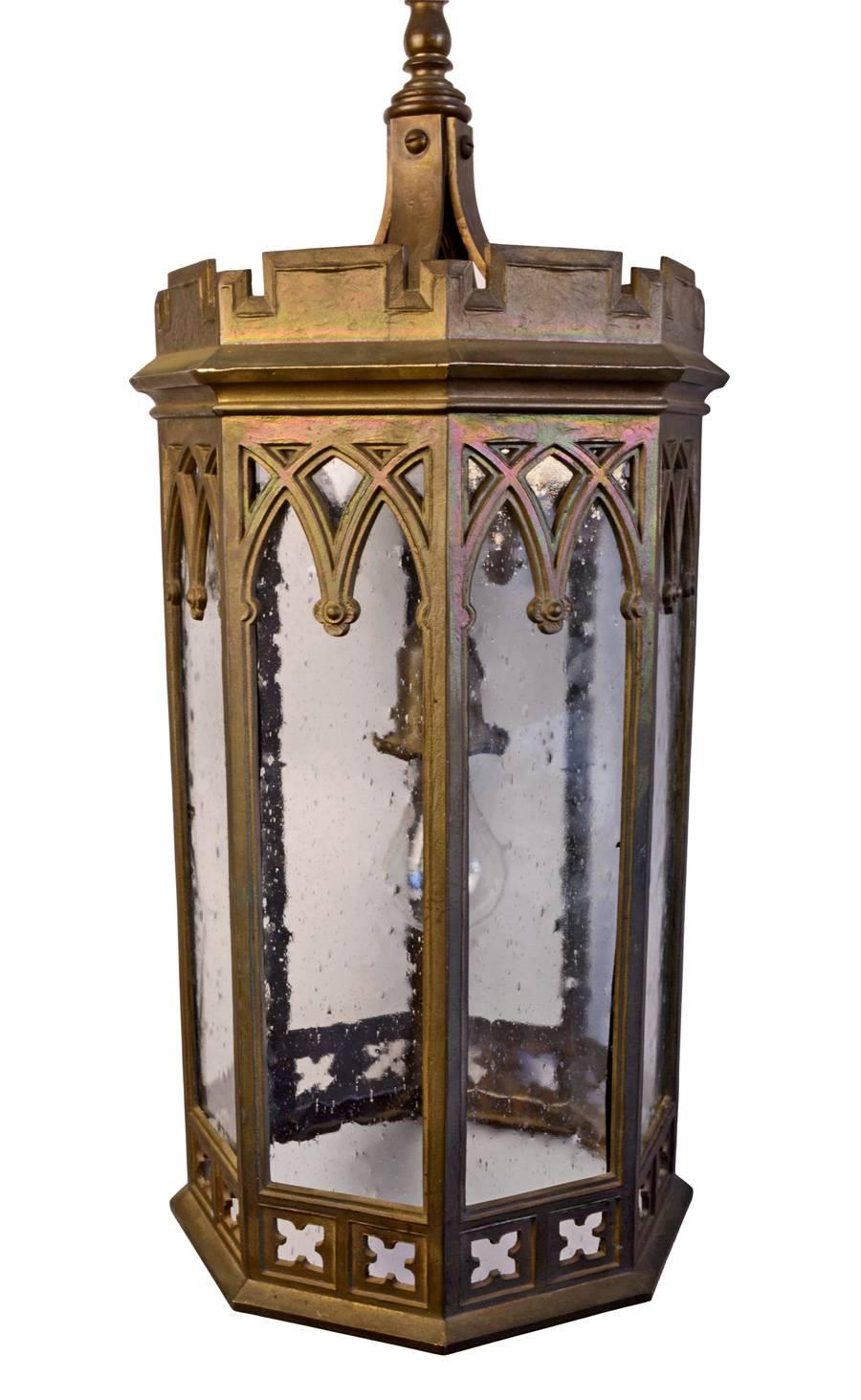 This Gothic revival pendant light from the 19th century was made by the Bradley and Hubbard Manufacturing Company. Formed in 1852, by 1890's, Bradley and Hubbard was known for its high quality and artistic merit. Their products were marketed in