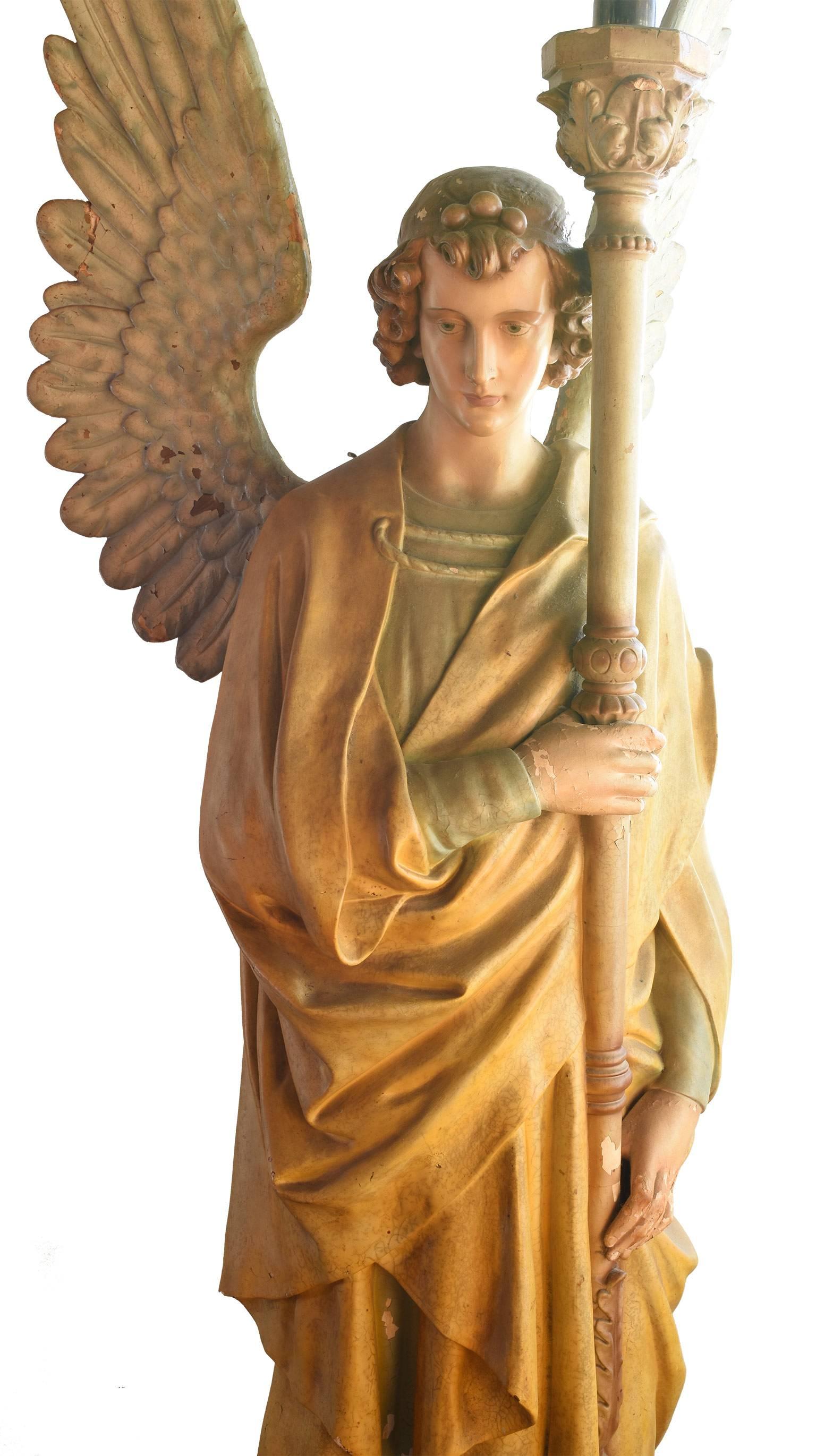 Renaissance Revival Daprato Statuary Company Full Size Winged Right Angel with Four-Light Torchiere