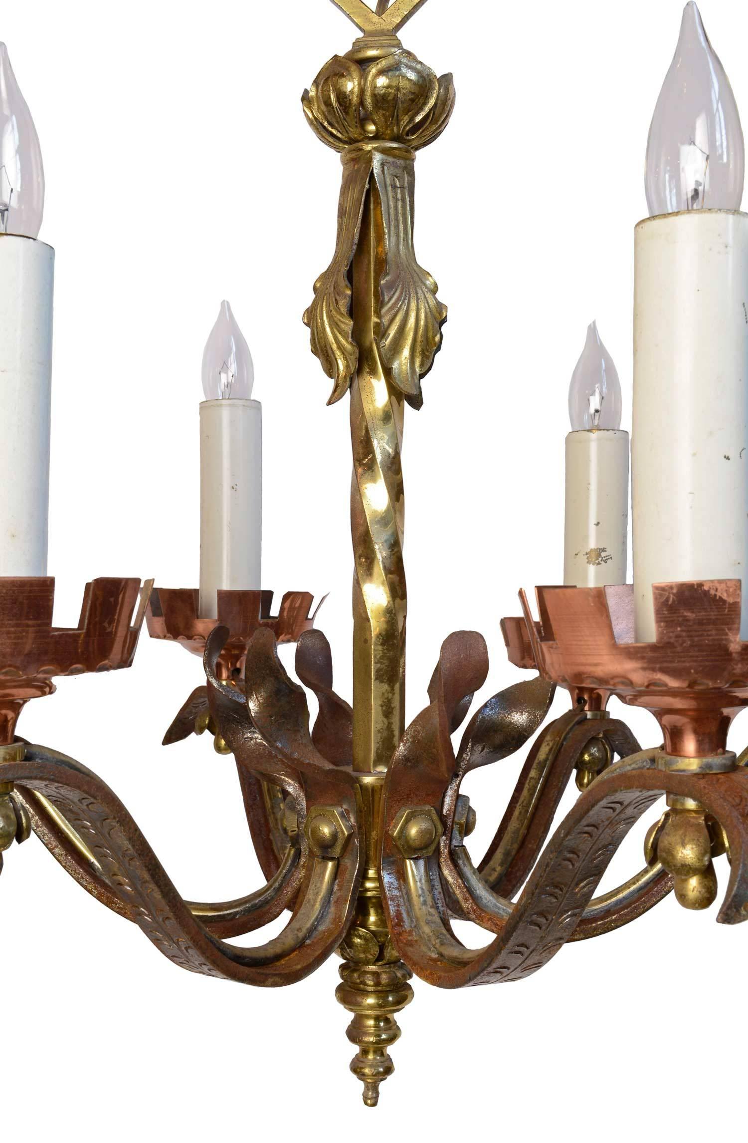 Cast Six Candle Copper, Brass and Iron Gothic Revival Chandelier For Sale