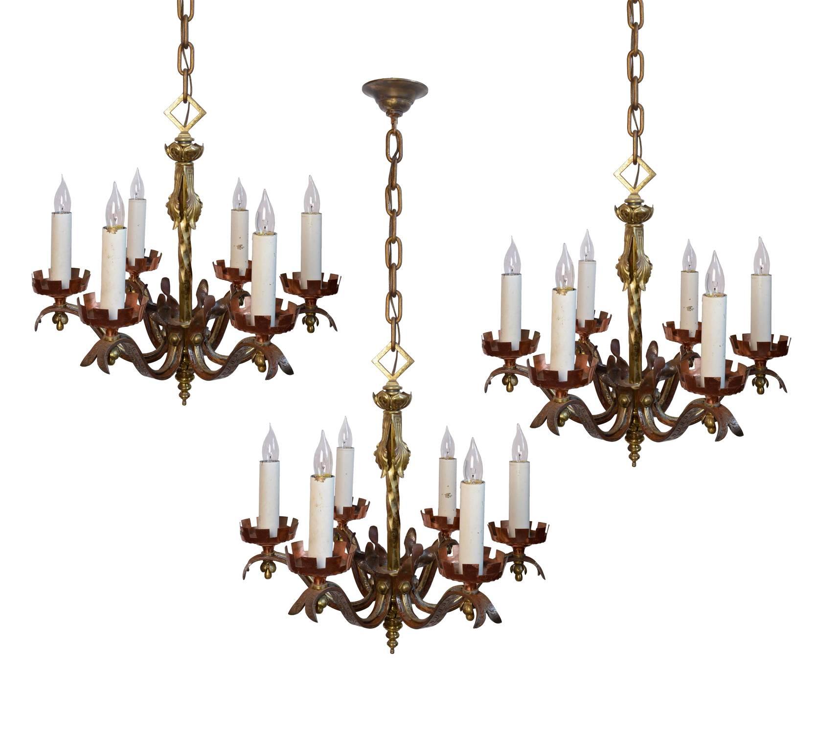 Early 20th Century Six Candle Copper, Brass and Iron Gothic Revival Chandelier For Sale