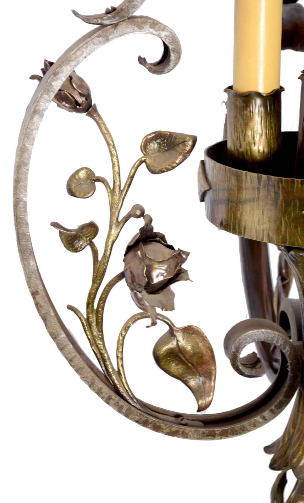 American Hand-Wrought Iron and Bronze Pendant with Roses, circa 1910