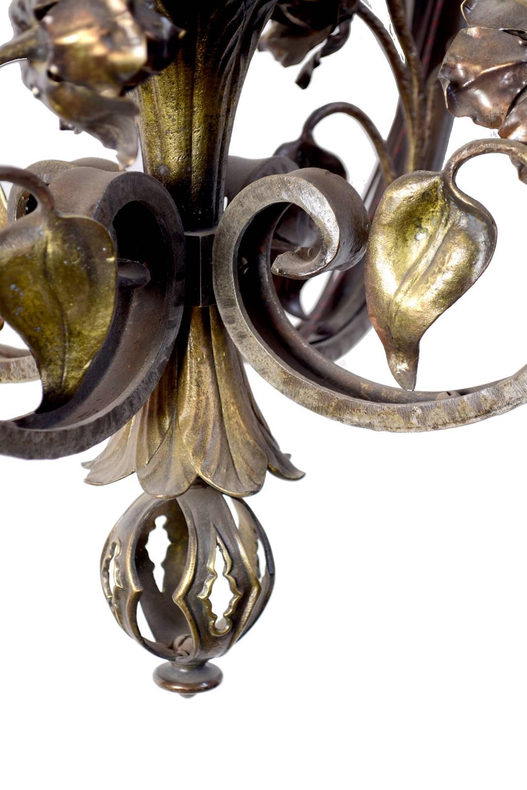 Cast Hand-Wrought Iron and Bronze Pendant with Roses, circa 1910