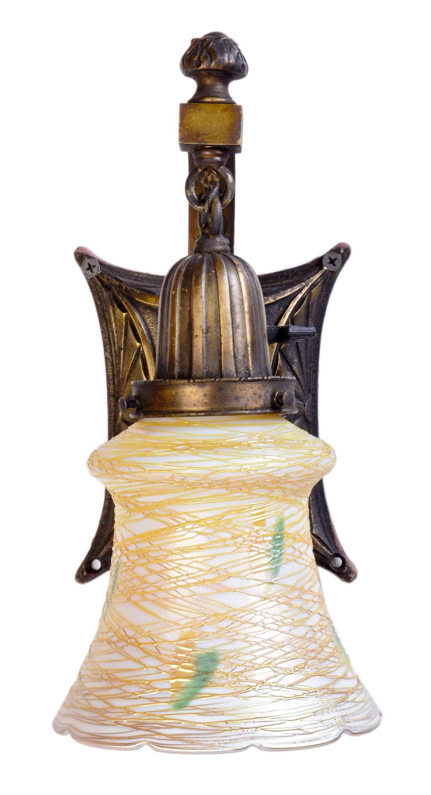 Cast Brass Federal Sconce with Signed Quezal Threaded Shade In Excellent Condition In Minneapolis, MN