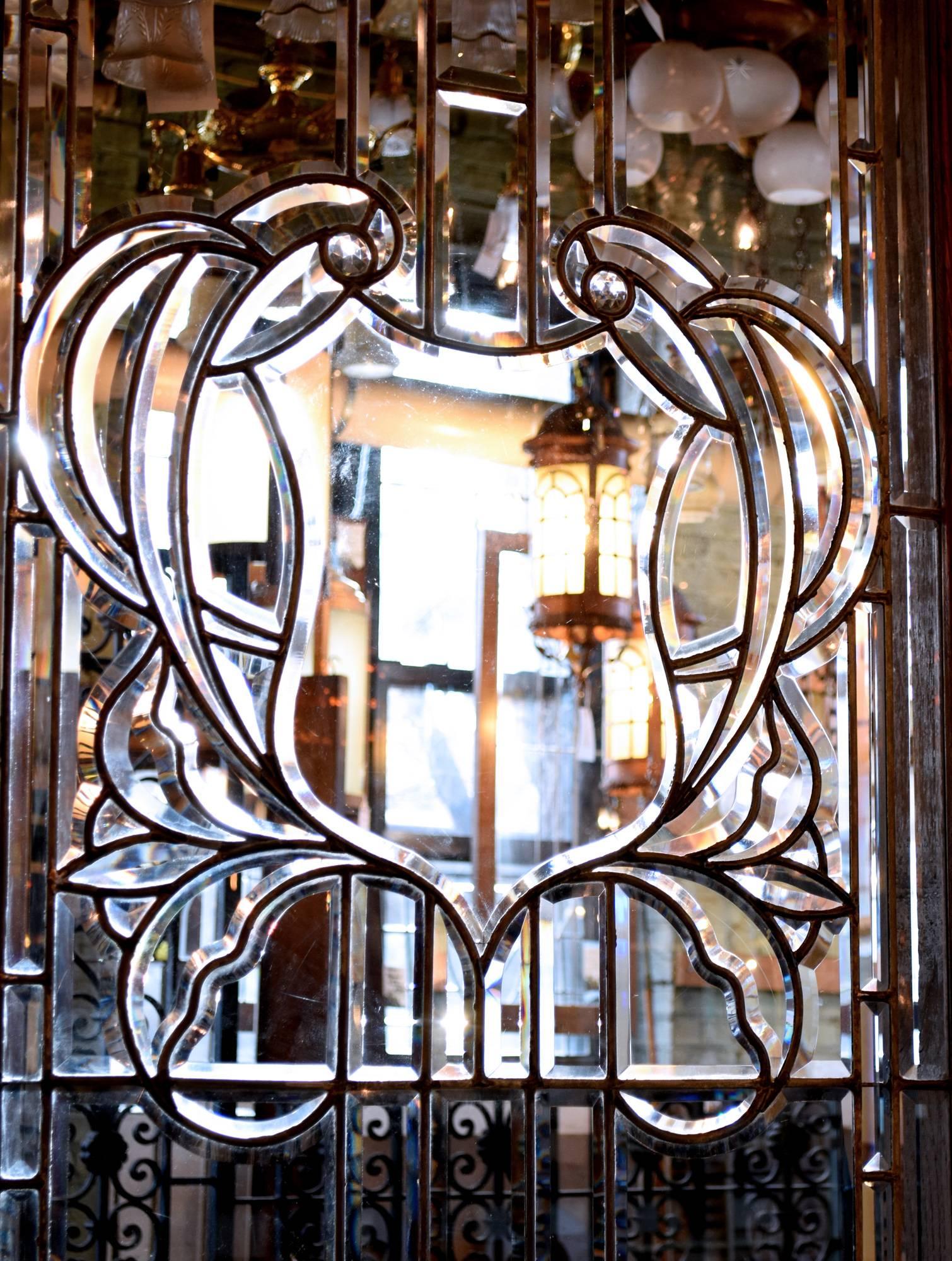 Tudor Colossal Handcut Beveled Glass Window, circa 1920, Two Matching Available For Sale