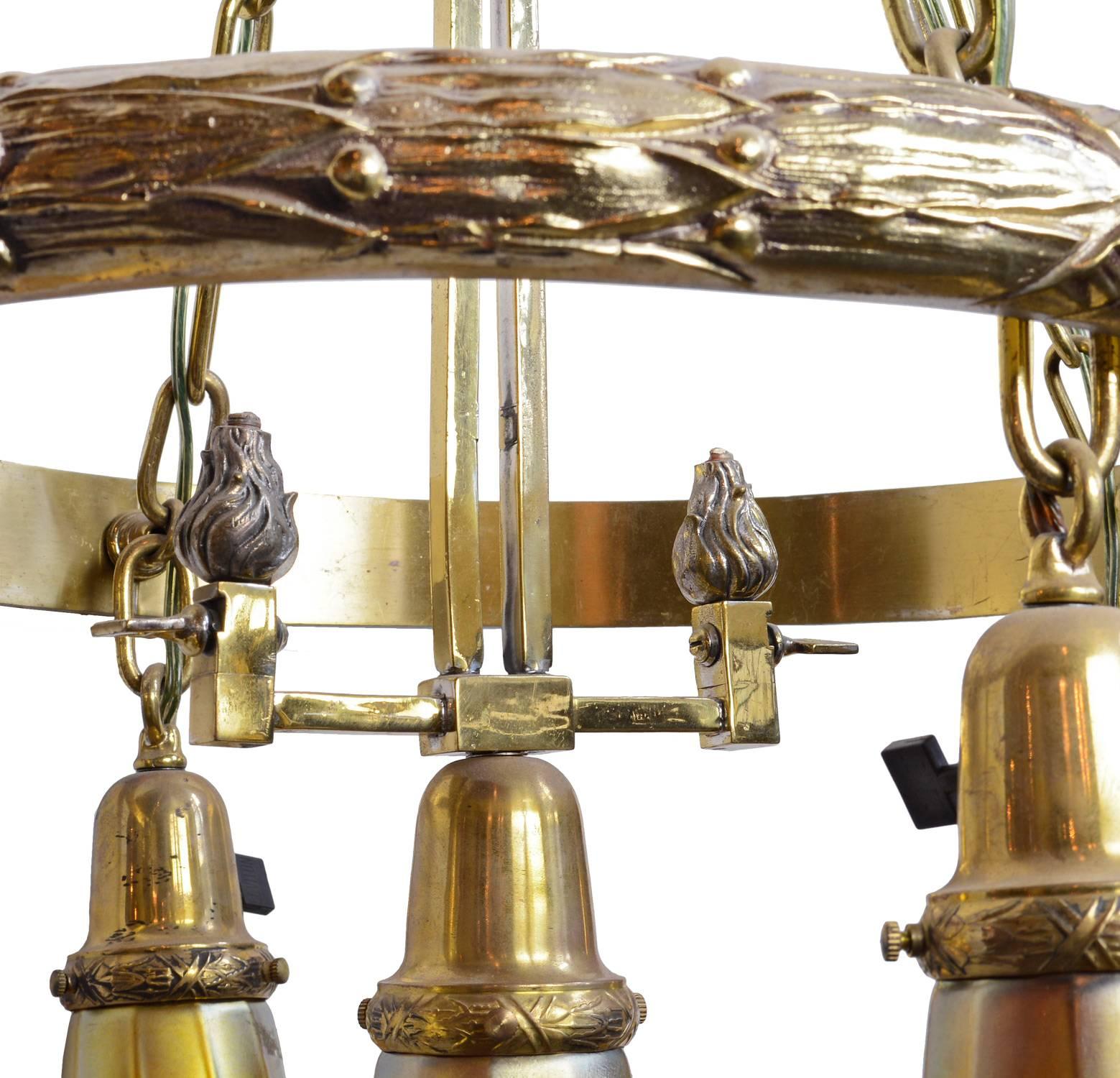 Greek Revival Cast Brass Polished Gas, Electric Chandelier with Original Signed Quezal Shades