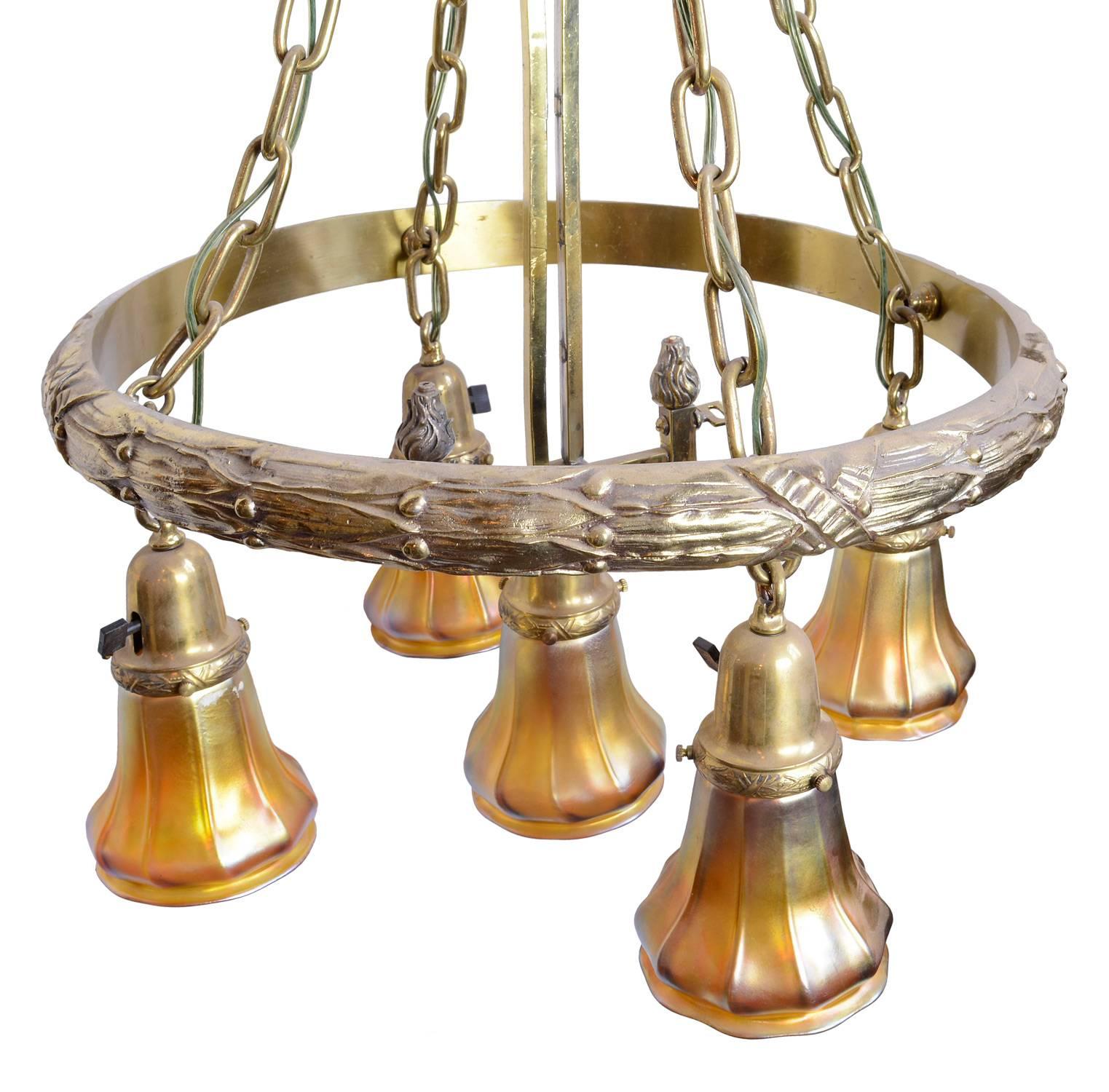 American Cast Brass Polished Gas, Electric Chandelier with Original Signed Quezal Shades