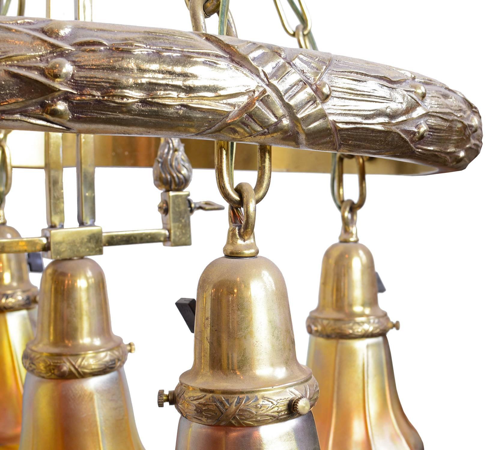 Cast Brass Polished Gas, Electric Chandelier with Original Signed Quezal Shades In Excellent Condition In Minneapolis, MN