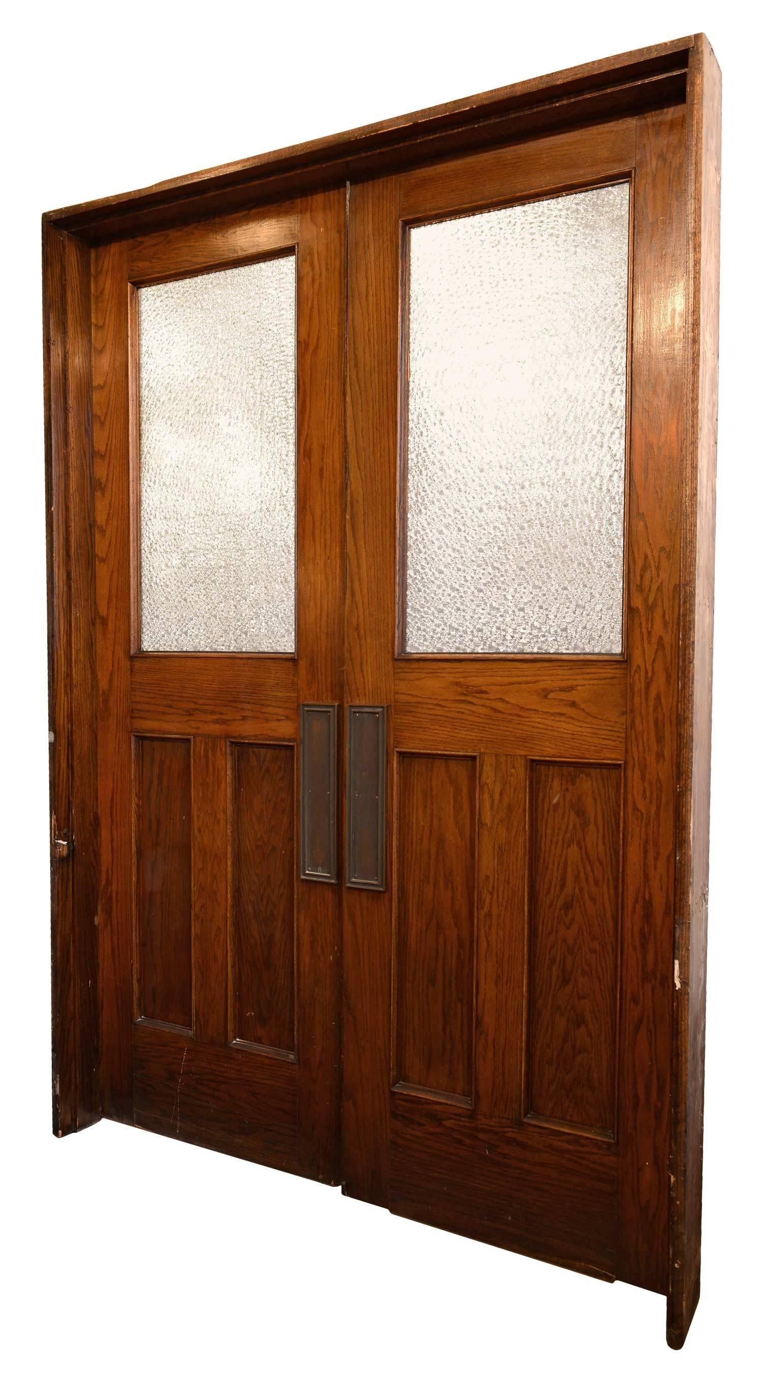 Industrial Vintage Auditorium Doors in Oak with Textured Glass and Original Hardware