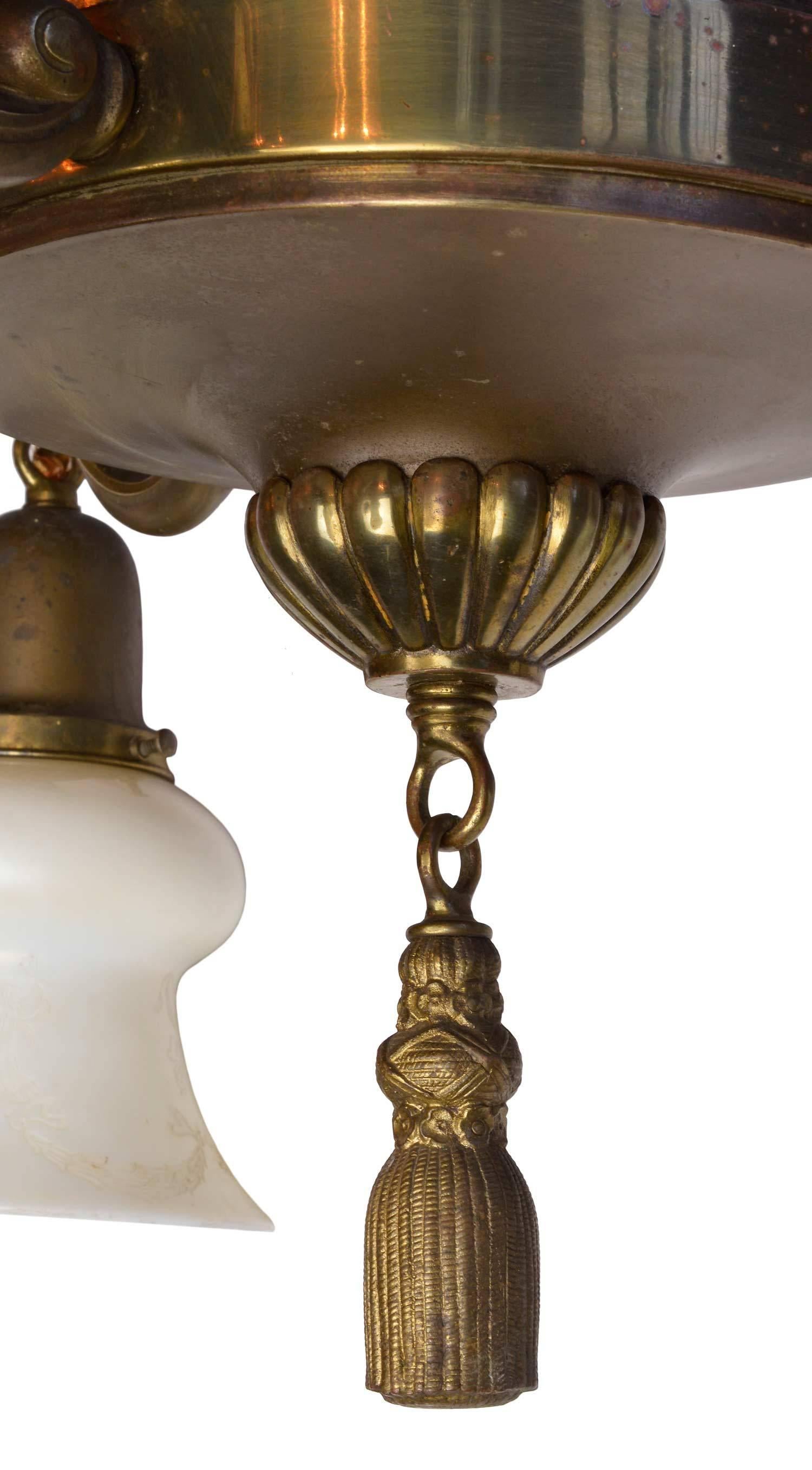 American Colonial Three-Arm Brass Chandelier with Signed Steuben Shades