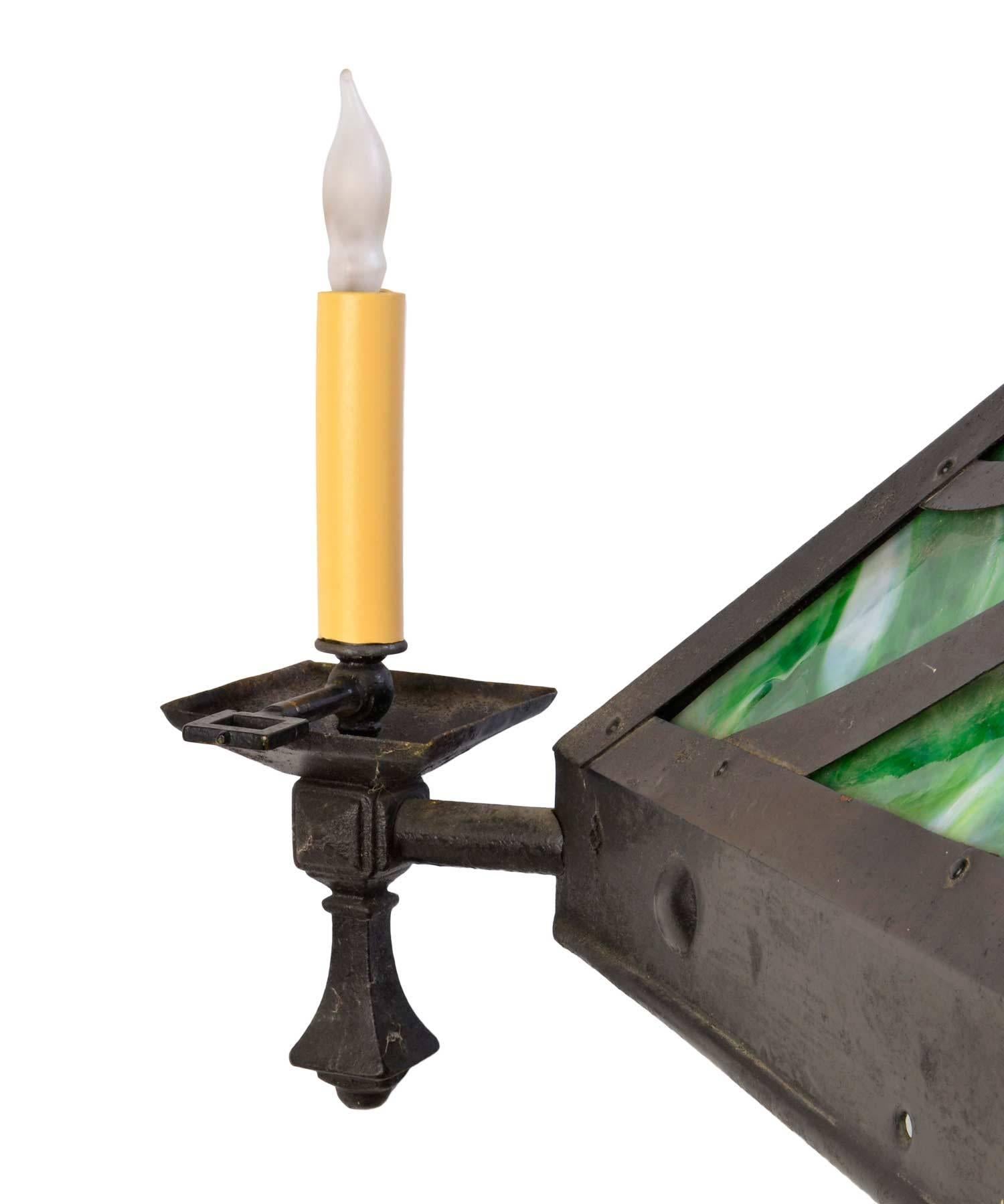 American Craftsman Craftsman Iron Gas Fixture with Green Slag Glass For Sale