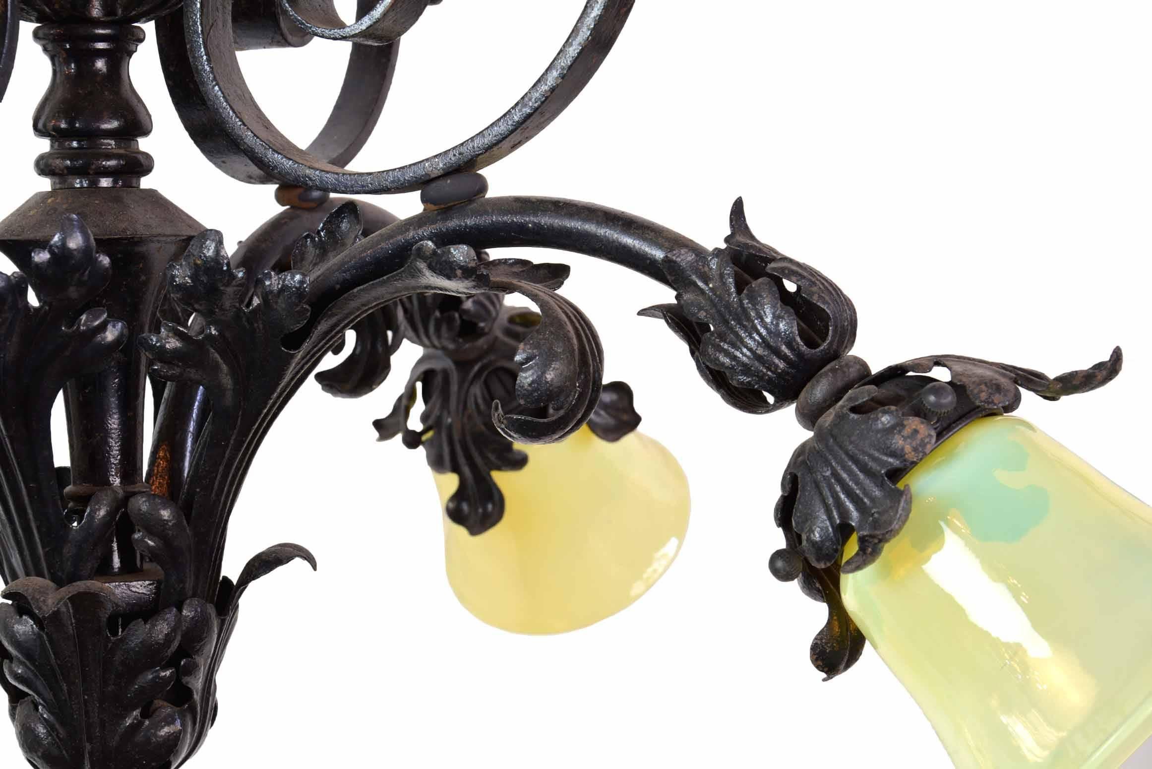 Gothic Revival Five Light Iron Chandelier with Vaseline Glass Shades