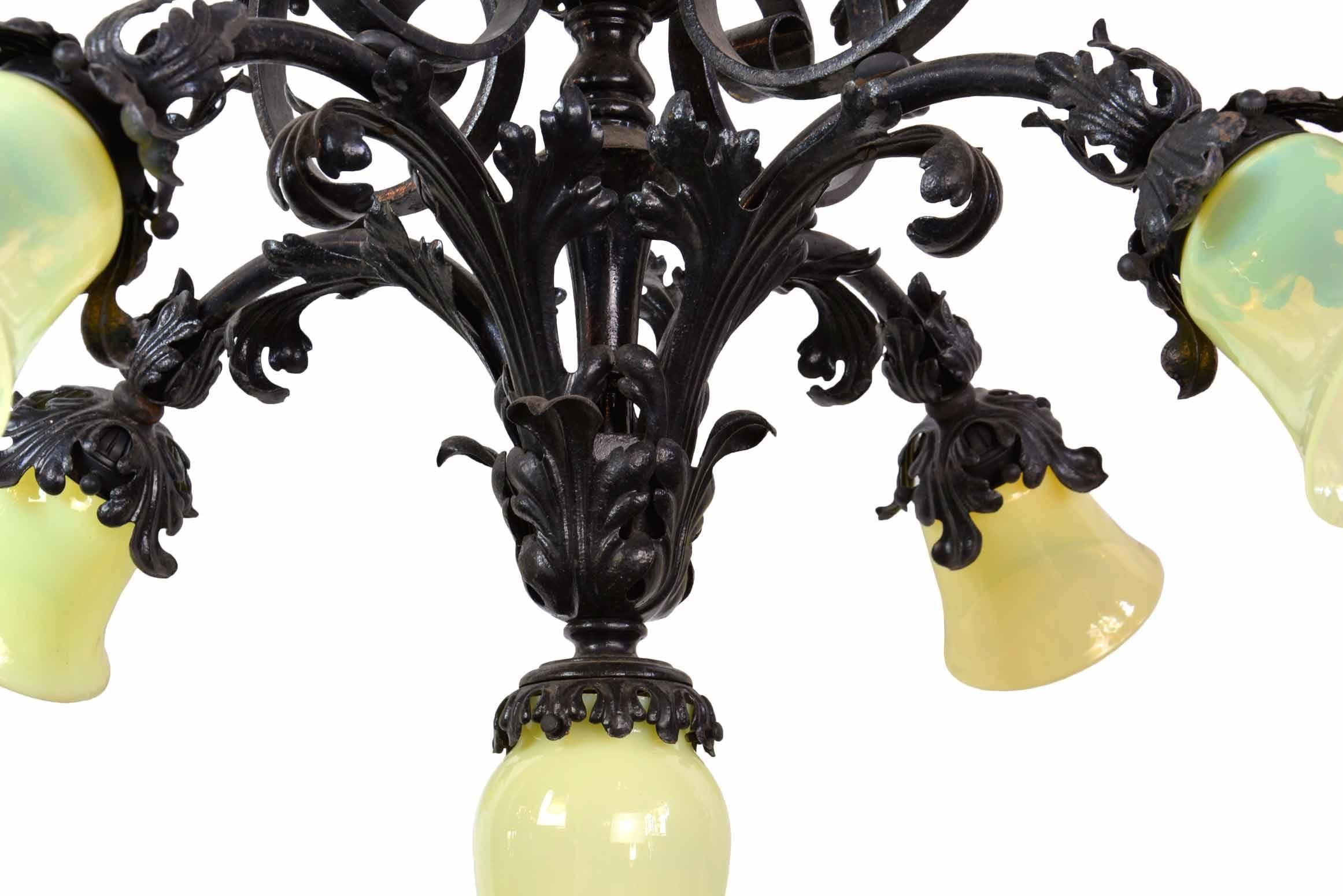 American Five Light Iron Chandelier with Vaseline Glass Shades