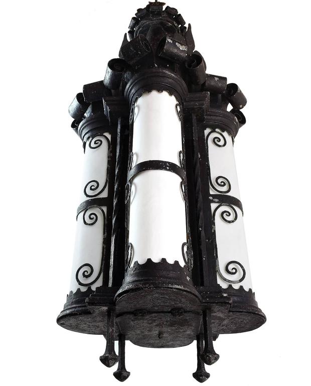 Unique 20th Century French Gothic Iron Pendant With Bent Glass