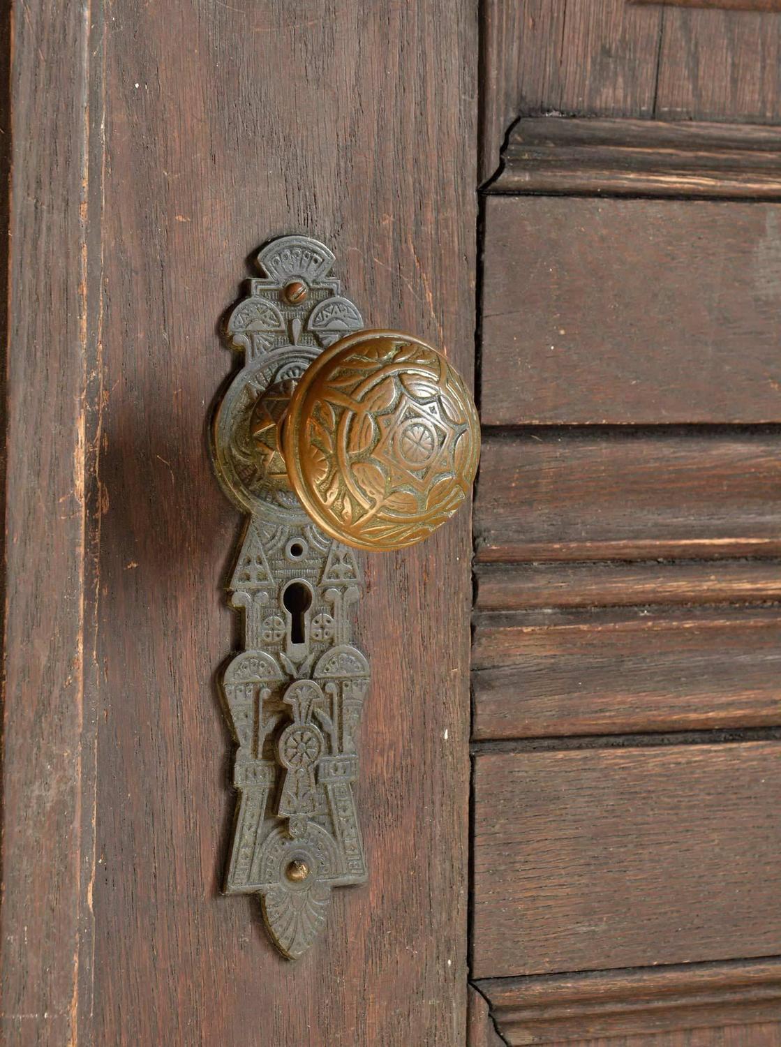 Early Victorian Entry Door Pair with Original Hardware and Etched Glass Panels For Sale at 1stdibs