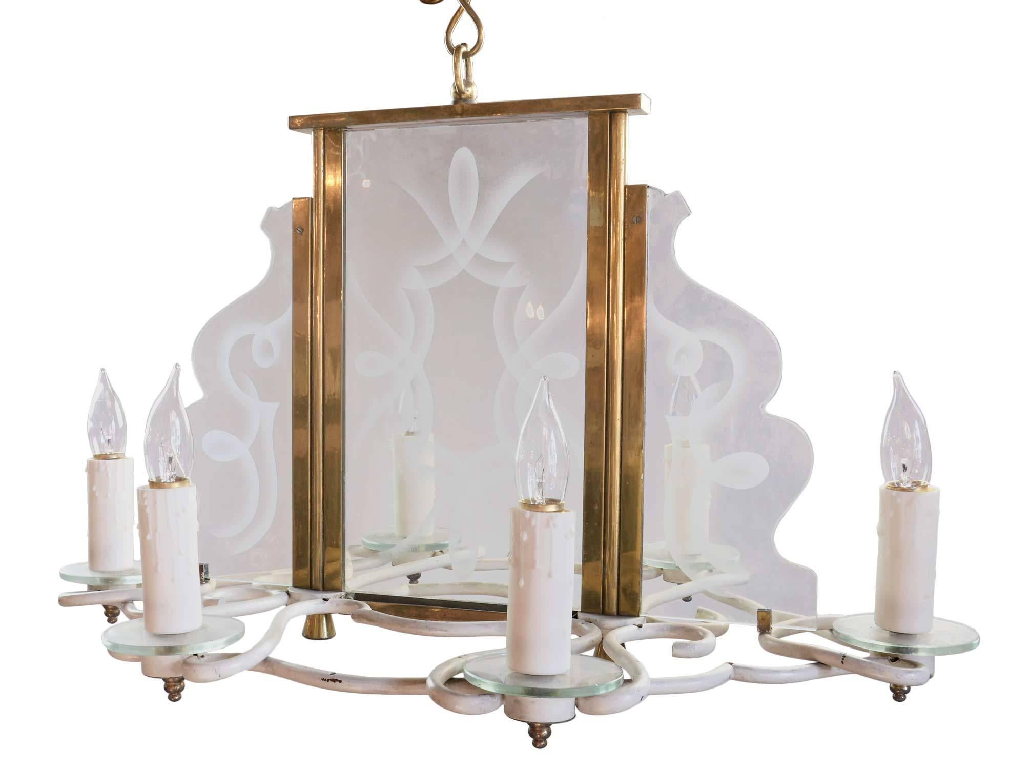 Mid-Century Modern Mid Century Six Candle Chandelier with  Etched Glass Panels