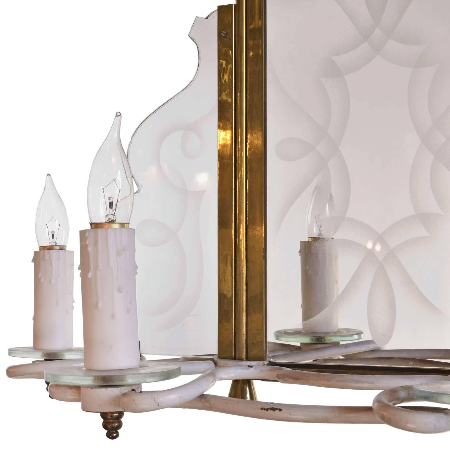 Mid Century Six Candle Chandelier with  Etched Glass Panels In Good Condition In Minneapolis, MN