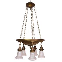 Classic Five-Light Brass Chandelier with Five Verre De Soie Iridescent Shades