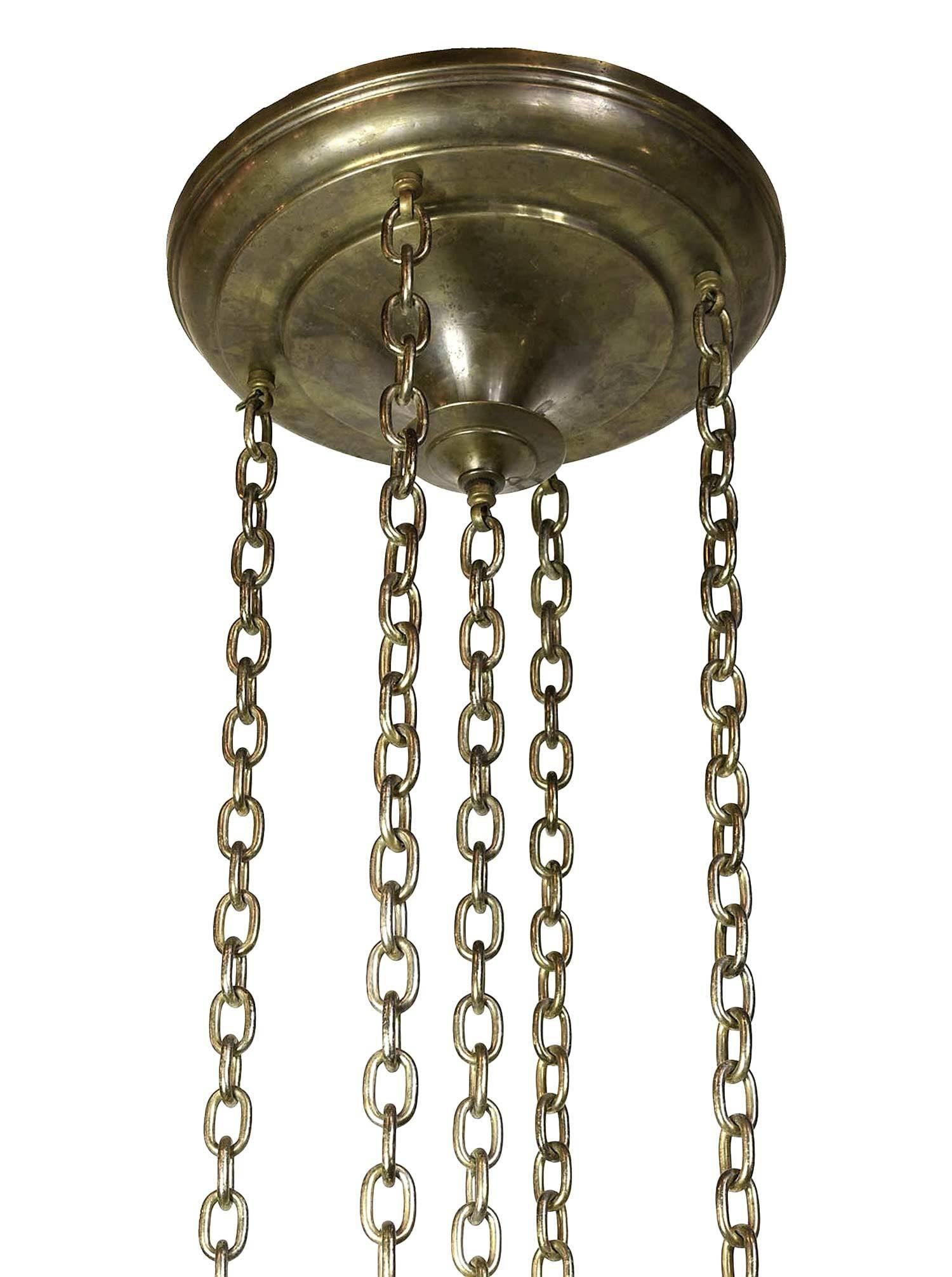 Stunning Set of Pulled Feather Quezal Shades on Cast Brass Pan Fixture In Excellent Condition In Minneapolis, MN