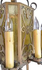 Cast Brass Eight-Candle Chandelier with Yellow Slag Glass