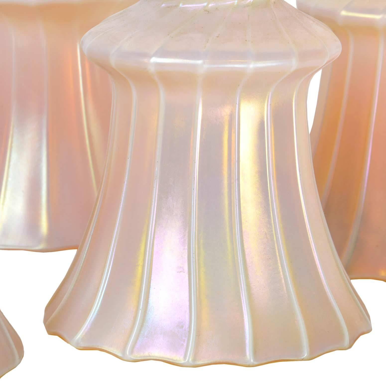 Arts and Crafts Beautiful Set of Five Signed Quezal Calcite and Aurene Art Glass Shades