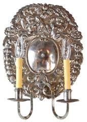 Early American Silver Sconce Pair with Cherubs