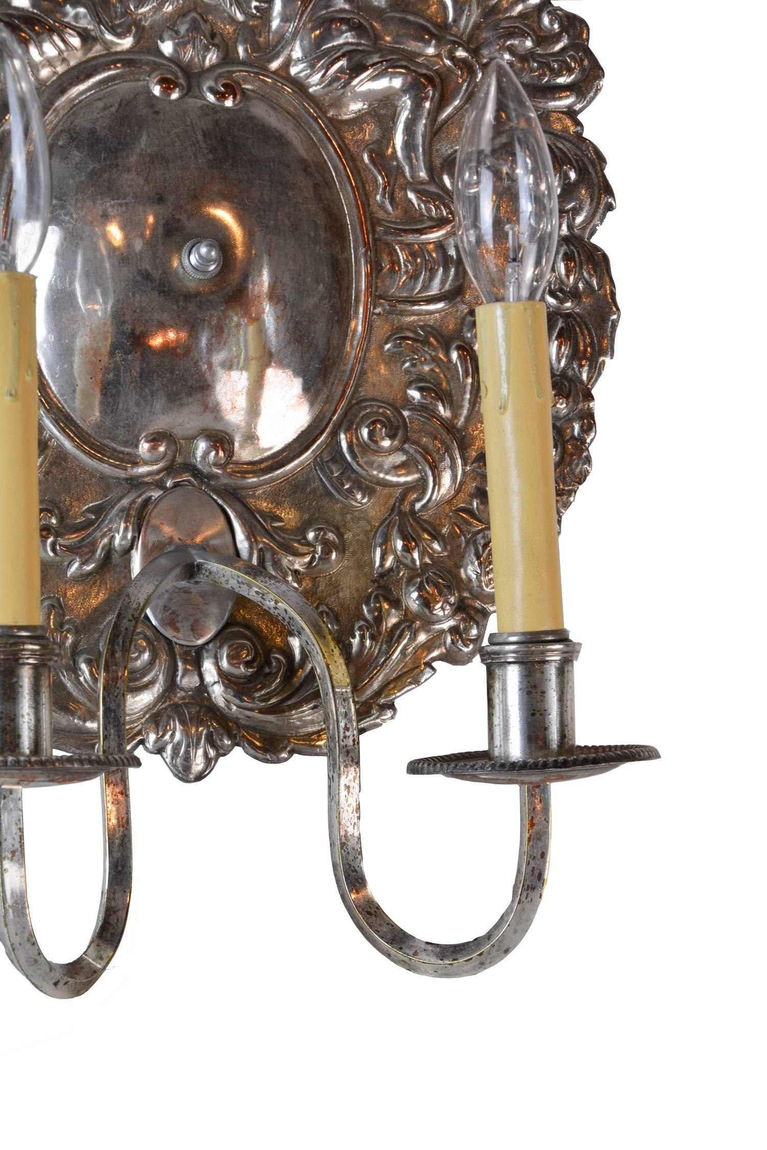 18th Century Early American Silver Sconce Pair with Cherubs For Sale