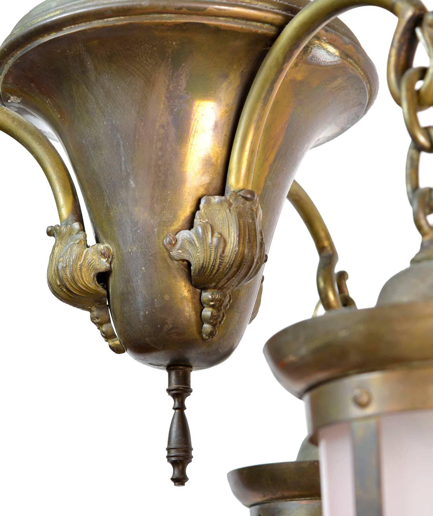 Arts and Crafts Brass Three-Arm Craftsman Chandelier with Lantern Style Shades For Sale