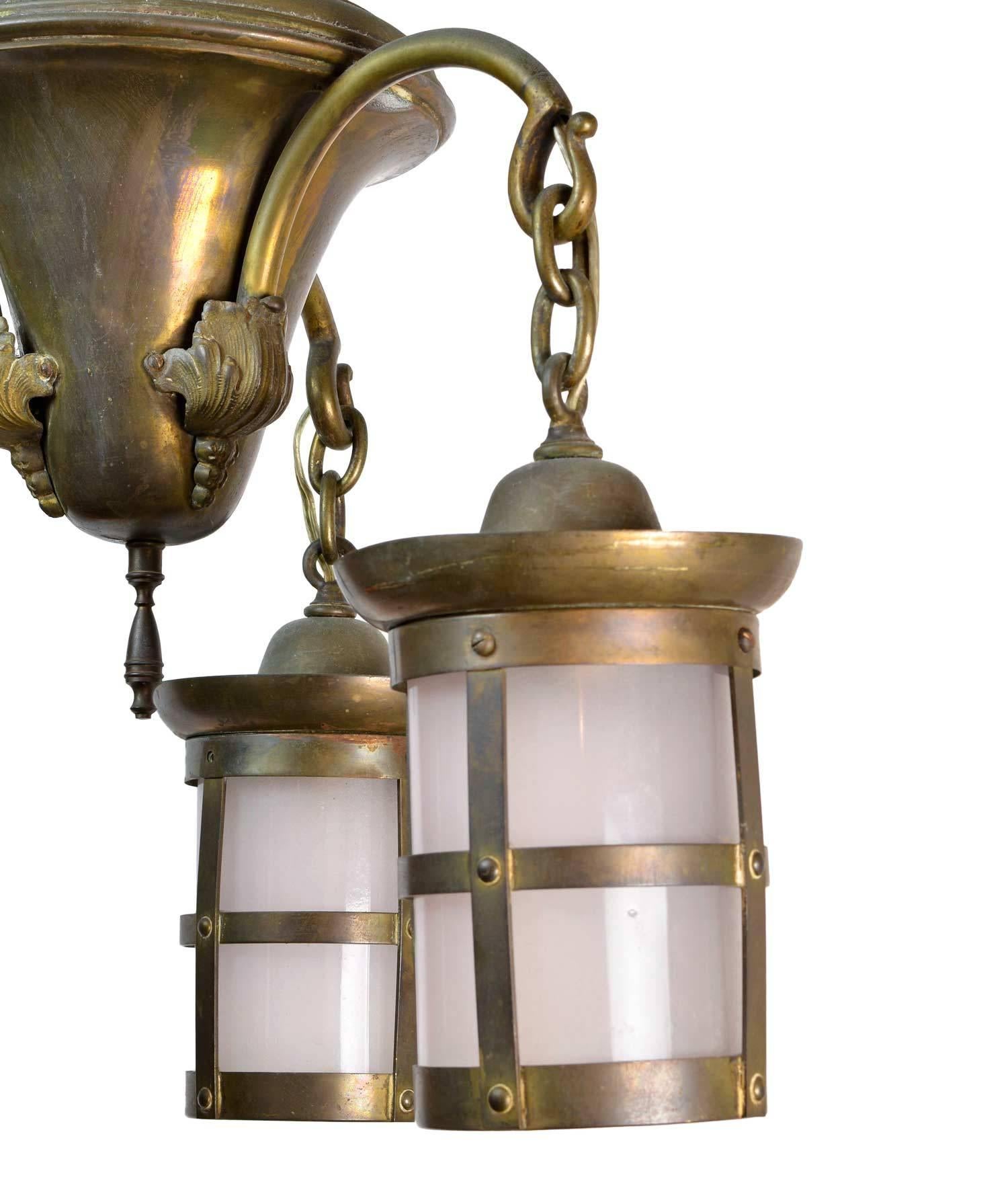 American Brass Three-Arm Craftsman Chandelier with Lantern Style Shades For Sale