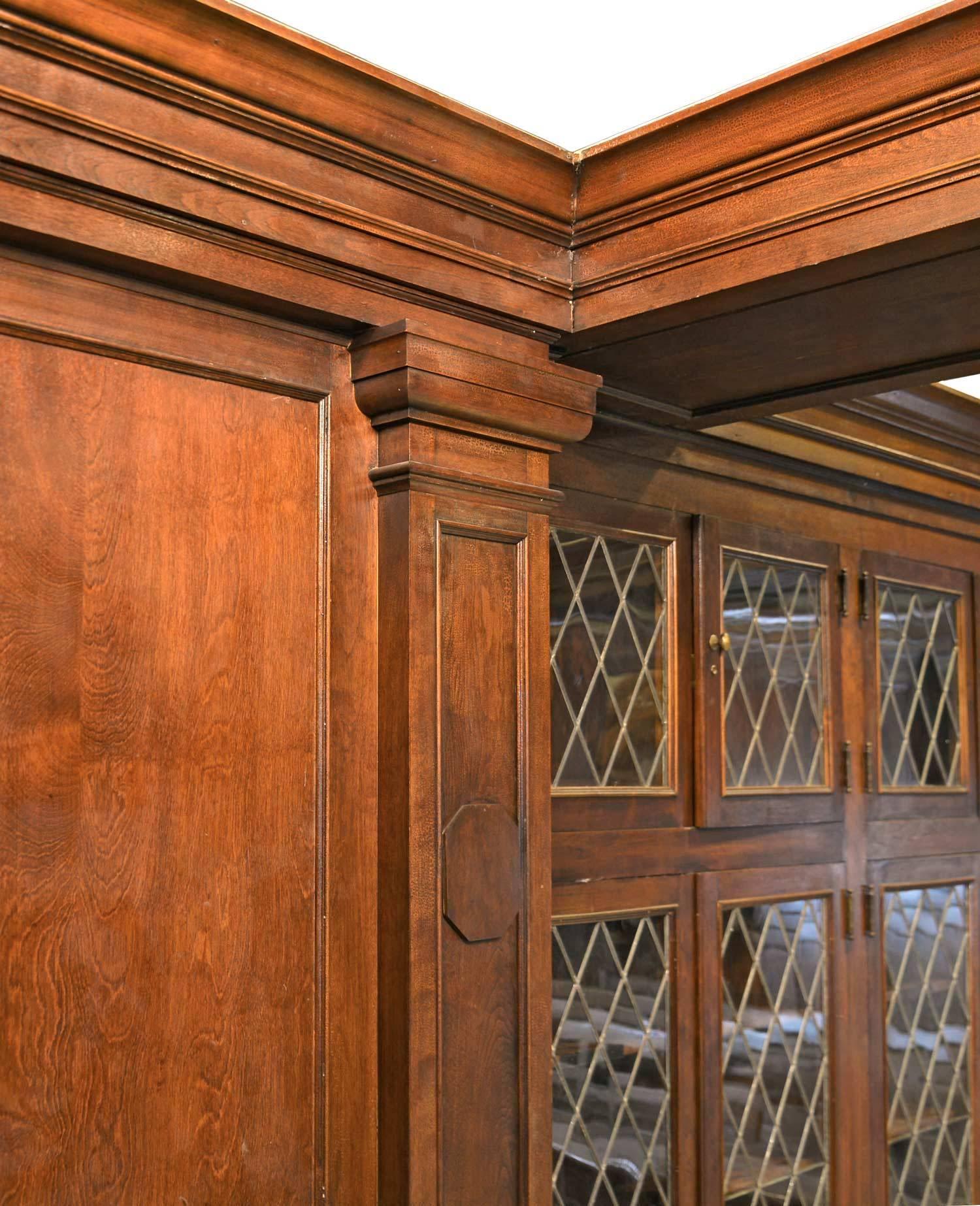 American Craftsman Complete Walnut Library with Diamond Pane Leaded Glass Doors, circa 1917