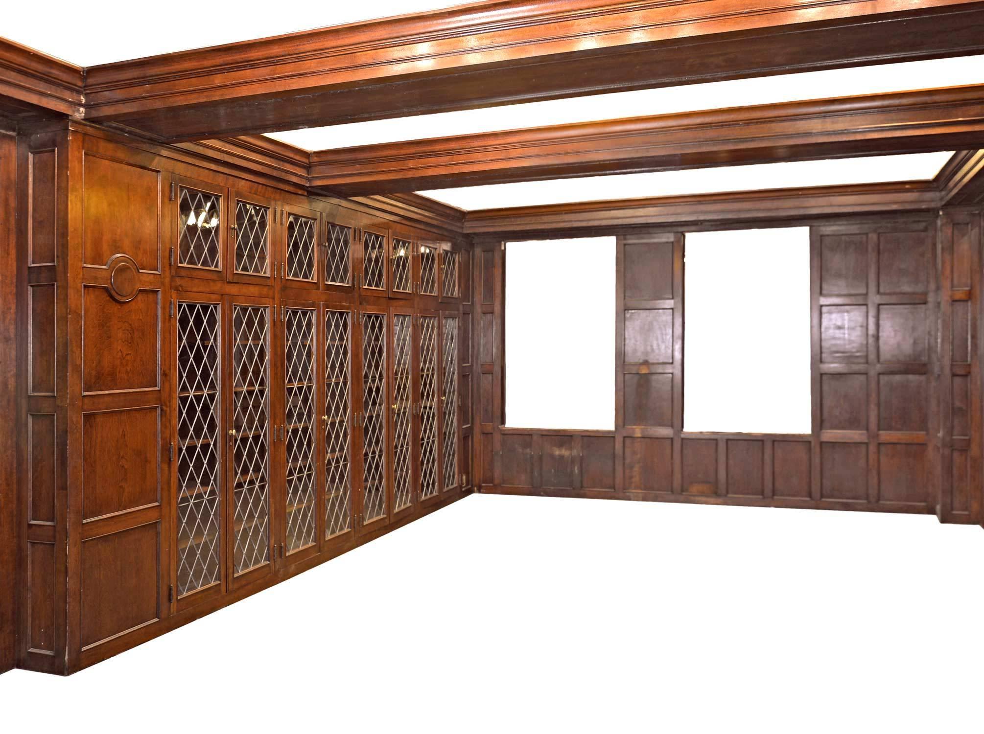 Complete Walnut Library with Diamond Pane Leaded Glass Doors, circa 1917 1