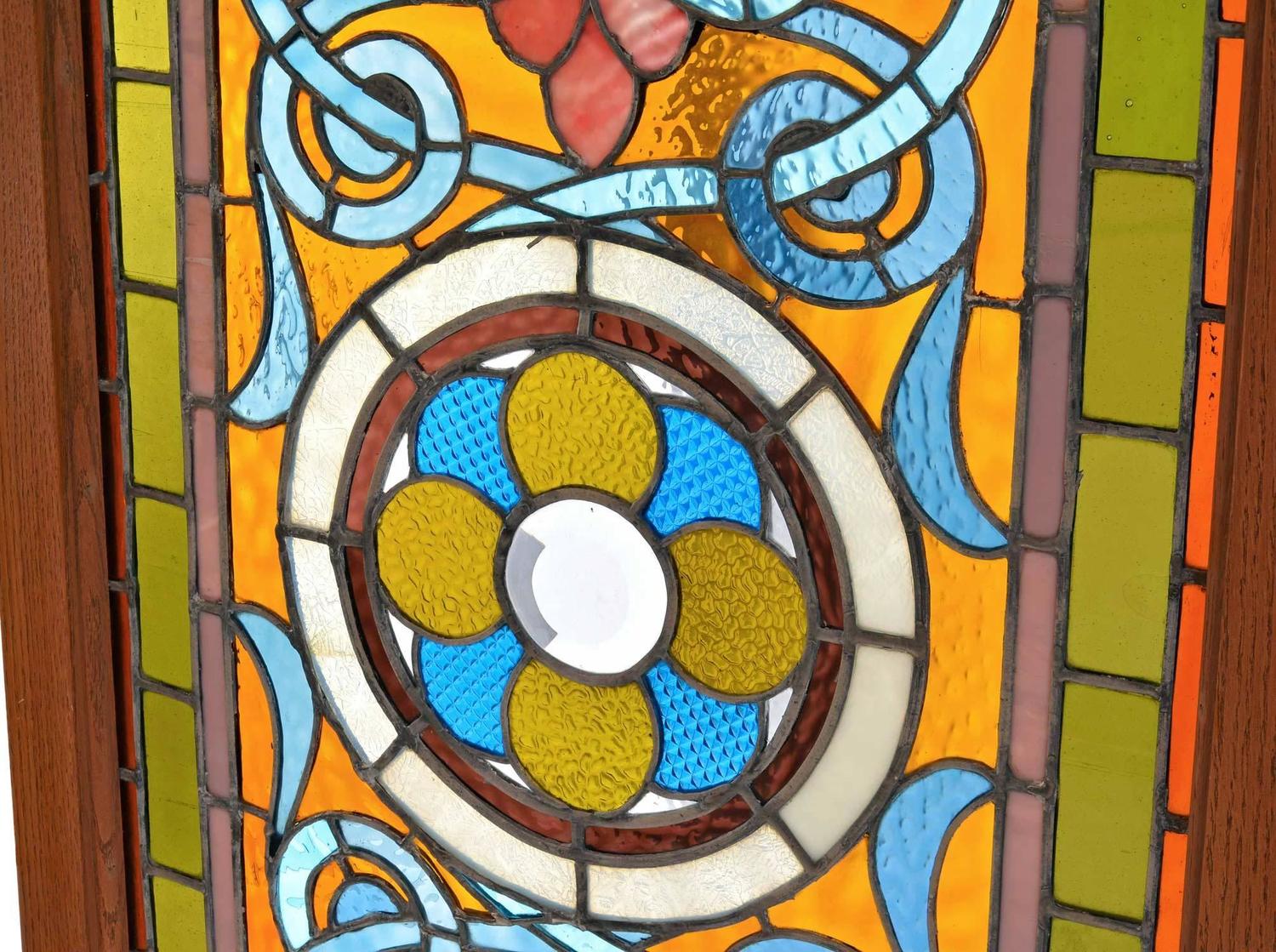 Victorian Teal and Amber Stained Glass Window with Rondelles For Sale