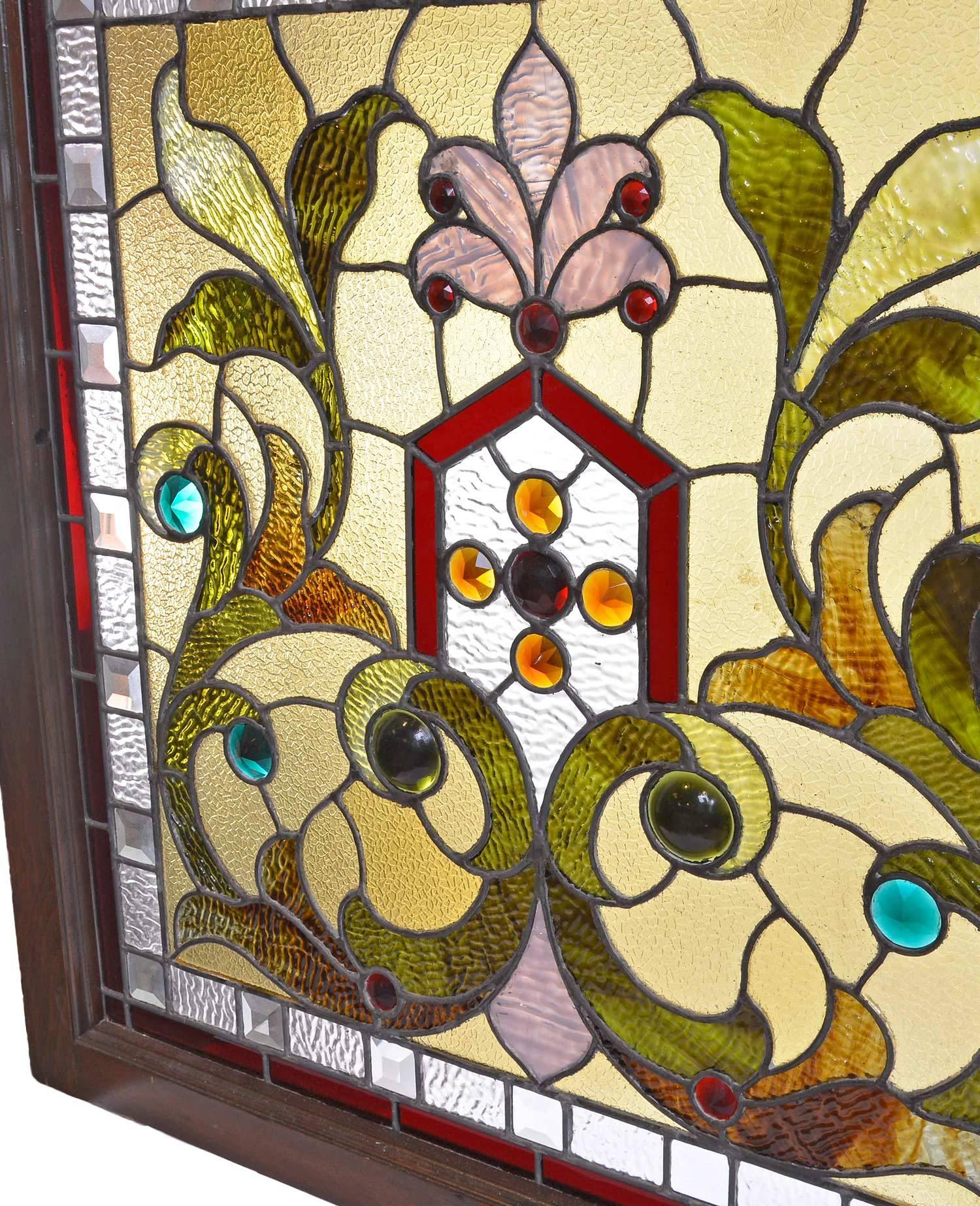 Victorian Stained and Beveled Window with Jewels In Excellent Condition In Minneapolis, MN