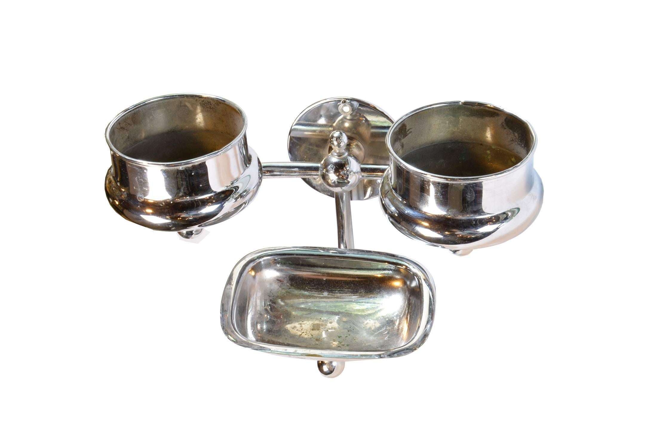 Gorgeous nickel cup holder with removable soap dish and toothbrush holder.