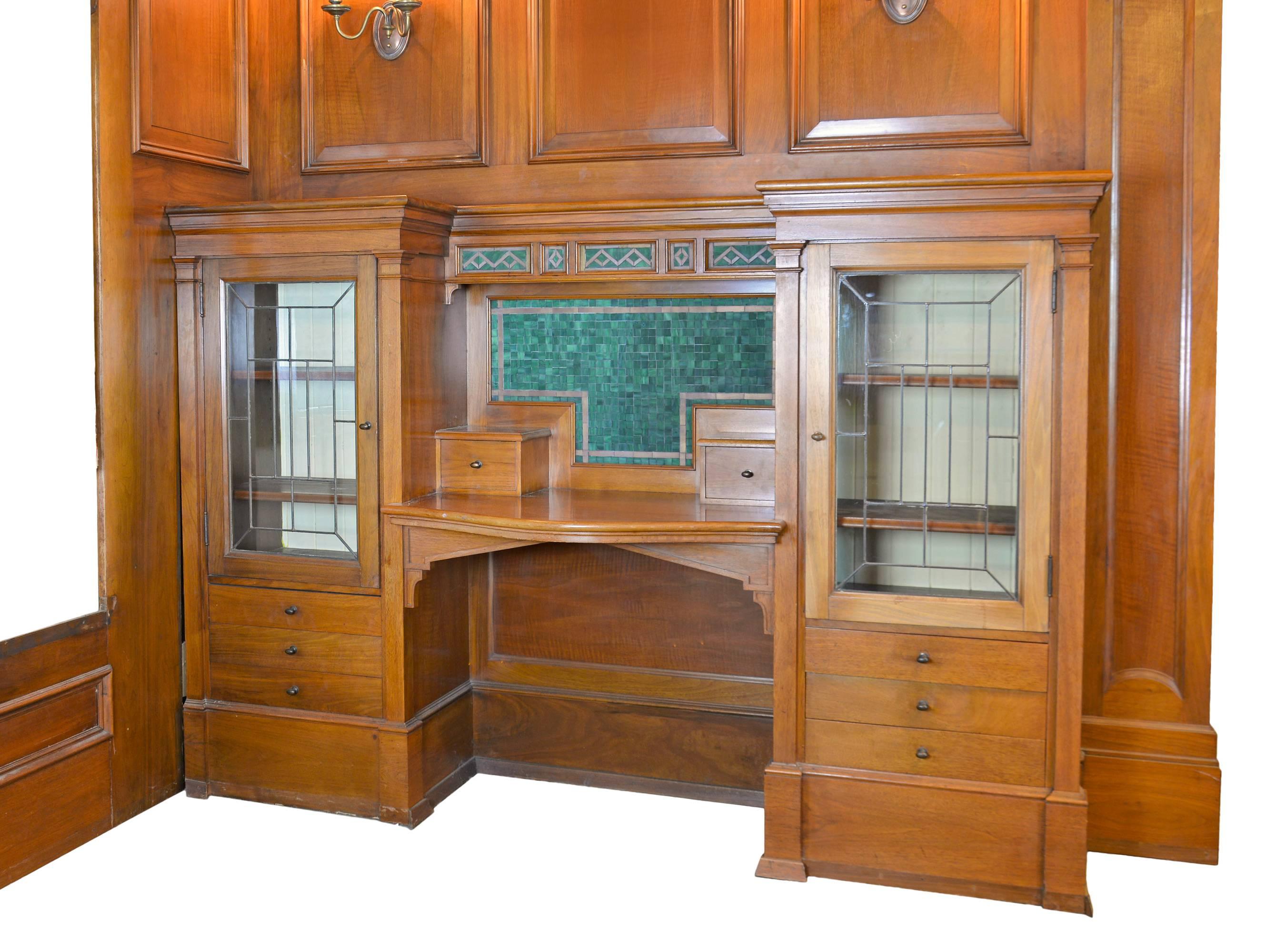 Mission Walnut Study with Built-In Bookcase, Desk and Four Signed Caldwell Sconces