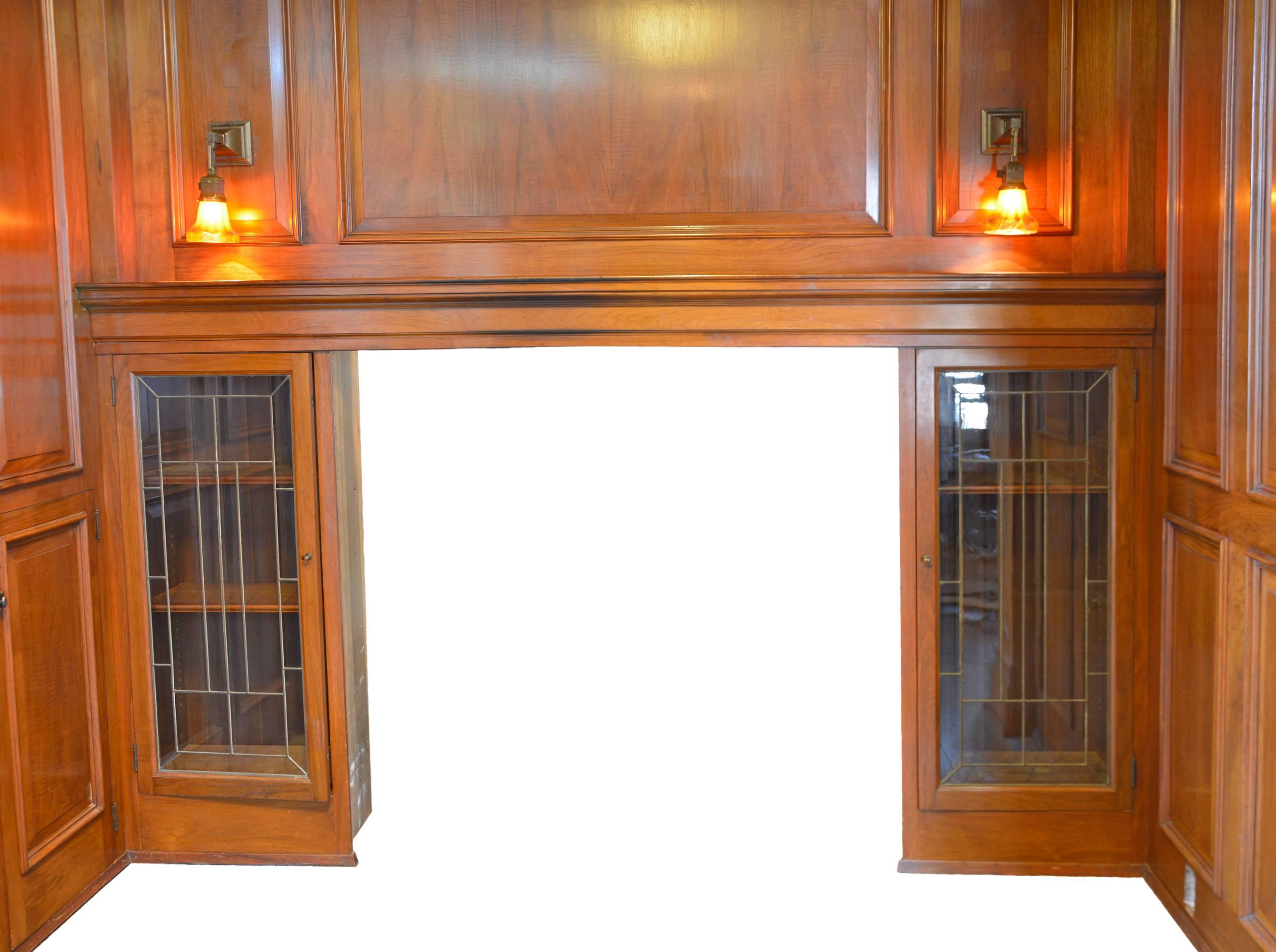 American Complete Walnut Inglenook with Leaded Glass Book Cases