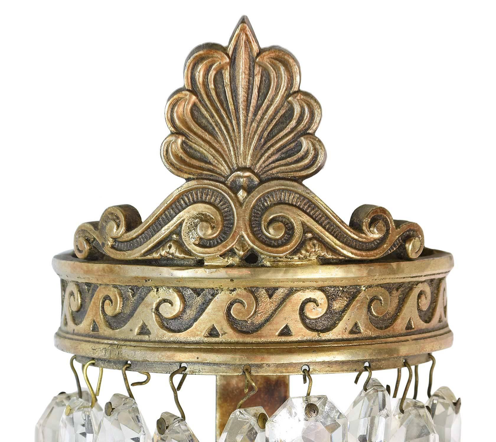 American Classical Vintage 1930s Oversized Three-Candle Crystal and Cast Brass Sconce
