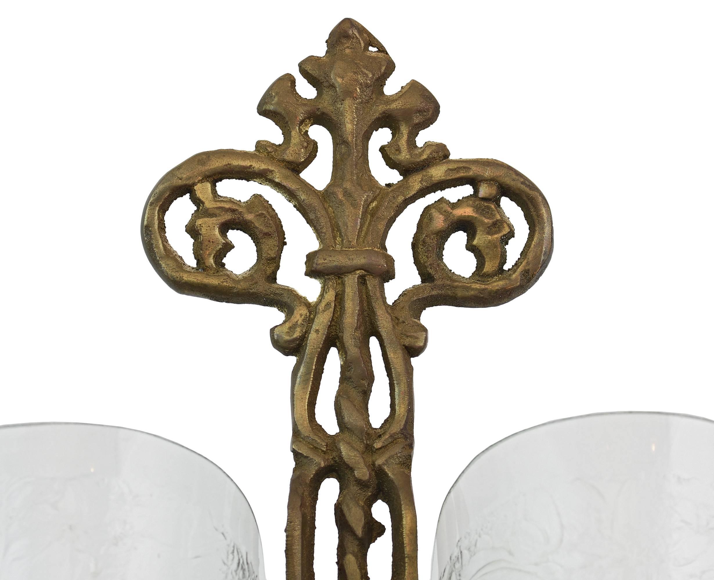 Hammered Tudor Style Two-Shade Sconce with Glue Chip Glass, circa 1920